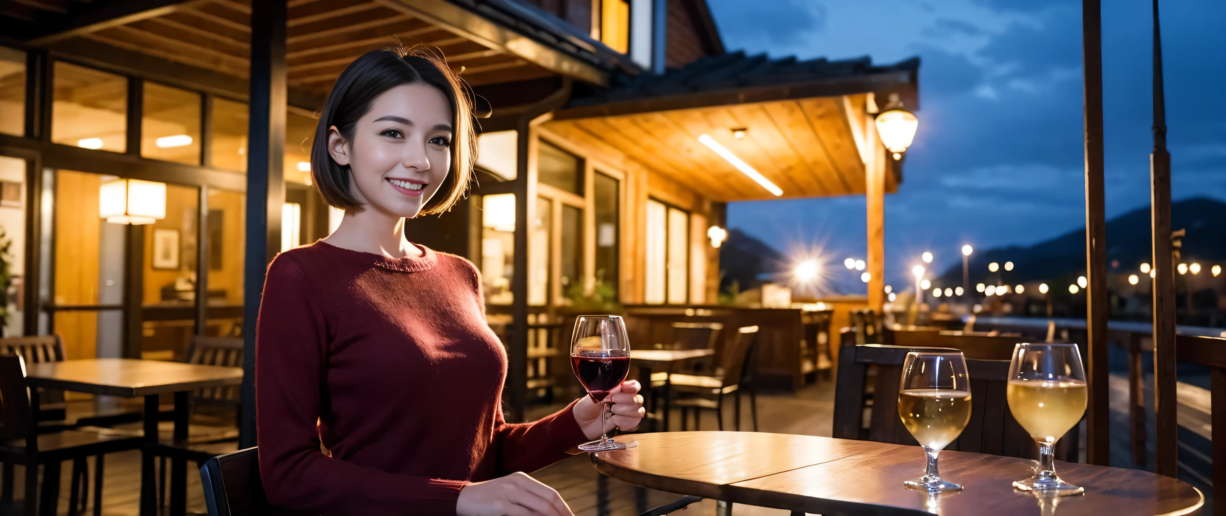 (including 64k、nffsw、highest quality、masterpiece:1.2)、(realistic、Photoreal:1.37)、Spectacular view of the sunset sky and clouds、Amazing mountain views、wine glass、while enjoying wine、mature woman、two beautiful women、(slim face)、(because I'thin)、(brown hair)、(shortcut)、Latino、smileのフランス人女性、happy italian girl、british woman、Americana、cheeks are a little red、(38 years)、42 years old、red wine、窓の外には美しく緻密なnight景が広がります.......、restaurant、目立つ場所にあるwine glass、night、(from the waist up)、sit on top、date、(laughter:1.15)、thin and beautiful eyes、cashmere sweater、long sleeve dress、Japanese、(short hair:1.2)、Float NovaFrogStyle、、modeled、from the waist up、White wine、turned into slime、wine glass、超綺麗なnight景、wine glassを真ん中に置きます、smile、(8k、RAW photo、highest quality、masterpiece:1.2)、(realistic、Photoreal:1.37)、Super detailed、ultra high resolution、2 females、see the beholder、beautiful and detailed face、laughter、narrow、(slim waist) :1.3)、knit shirt、Fine and beautiful skin、skin texture、floating hair、professional light needle breast、kind eyes