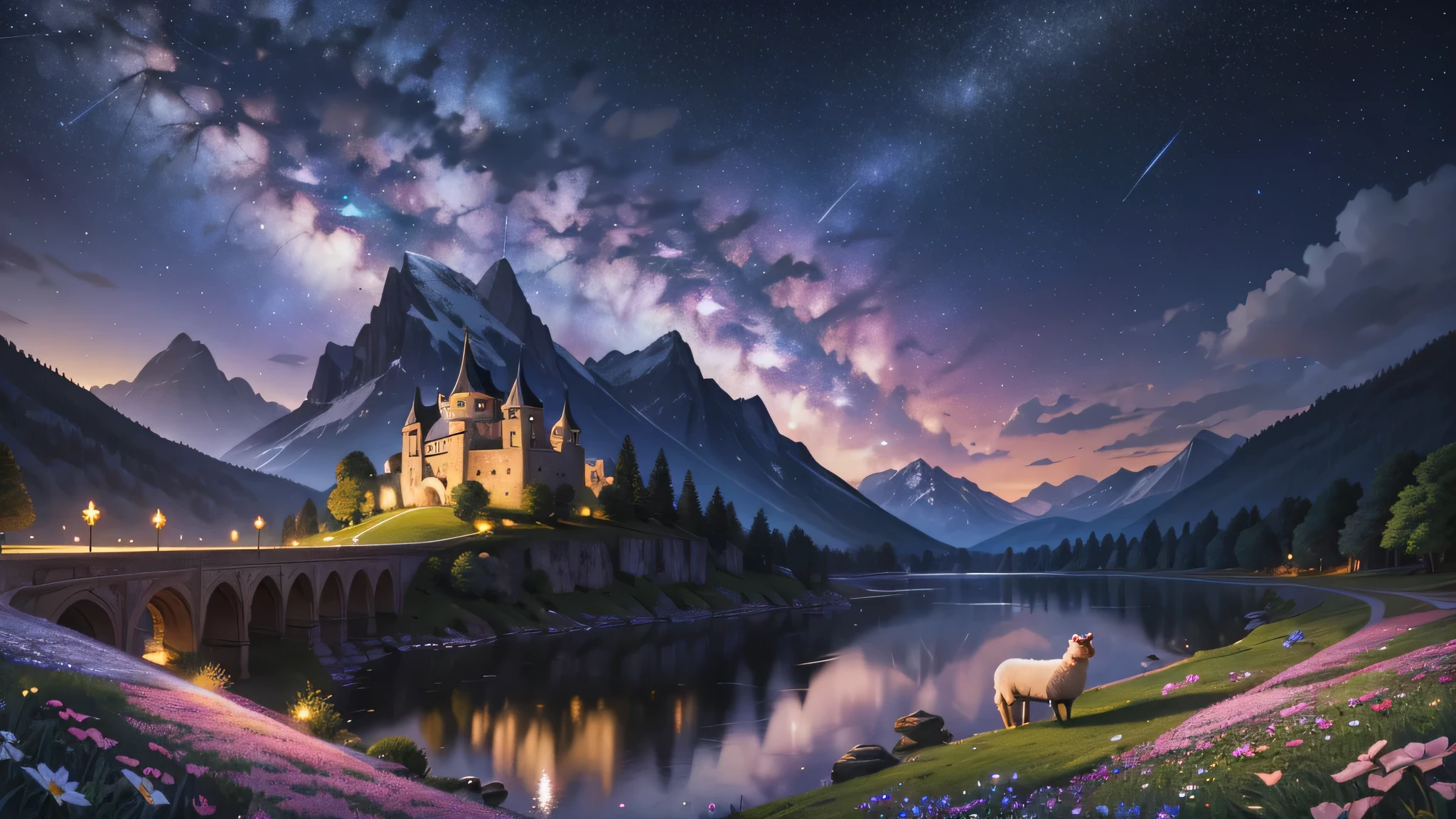 masterpiece, starry sky, Pink sheep, many stars,, night view, european castle, Colorful fantasy world landscape, river flowing in the background, flowers blooming in the distance, Mountain, mysterious ancient ruins