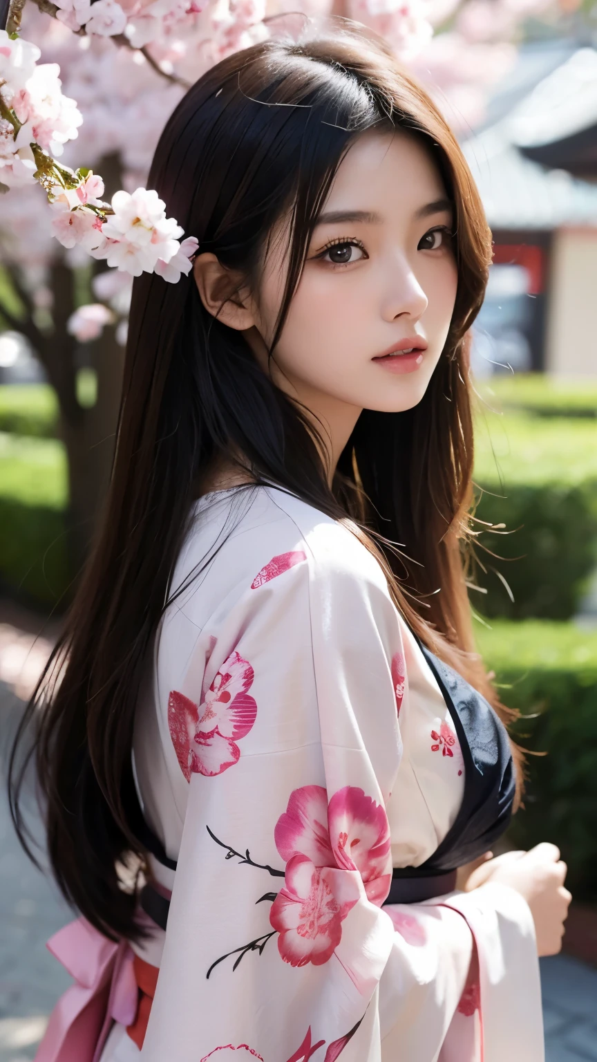 Beautiful Japanese supermodel woman, A lock of hair with slight highlights, black eyes, mixed media, Sexy,Sakura background,Gorgeous kimono , Liquid color flows across her face, backlight
