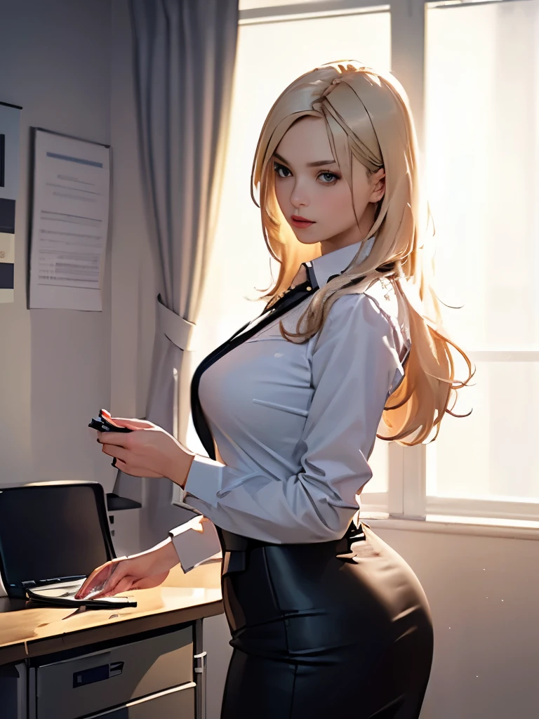(highest quality, 8k, High resolution, realistic:2.0), (alone, one girl:2.0),(lit: front),(lit: strong),(ultimate beautiful girl:2.0),(shiny skin),(oily skin),(platinum blonde hair:1.5),(straight hair:2.0),(kind woman:1.5),blush brown makeup , dark eye makeup , use pink glossy lipstick,(Big Eyed Girl:1.5),(thin woman:1.5),(Photographed in the sophisticated office of an IT company:1.8),(elite business woman:1.8),(Career woman who can work),(I'm so busy with work that I don't have a boyfriend.),(A woman who is not interested in love),(not interested in fashion),(I wear accessories that don't get in the way of my work..),(she has no love experience at all),(she feels lonely),(she is not good at talking to men),(she is shy and silent:1.5),(I don't want to stand out、I'm concerned about people's eyes),(She has a dark personality and negative thoughts.:1.5),(she suffers from depression),(I have a lot of complexes and have no one to rely on..),(intelligent woman:1.5),(A woman who takes her work seriously),(I'm a little unwell),(I like coffee and drink it all the time),(mentally unstable),(I'm suffering from insomnia.),(unpopular woman),(unconfident:1.5),(I want pure love),(plain and introverted woman:1.3),(She has a hobby that she can't tell anyone about., and that's masturbation),(she is pure:1.5),(Prefer to dress appropriately for office work:1.5),(I have a complex about my big butt and want to hide it.),(A woman whose life is difficult),(A woman exhausted from long working hours),(Female sex appeal),(sweet scented perfume from her),(I ended up masturbating in the office while working overtime late at night.),(She is a person who expresses her vulgar sexuality々I don't want to know.)