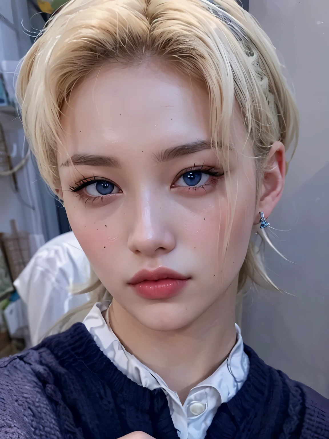 1girl, (Blue eyes), laughing, (Sana Minatozaki), (pink makeup :1.3), (close-up at face :1.4), wide hips, Big Boobs, big ass, (Best Quality, 8k, Masterpiece: 1.3), Clear Focus: 1.2, Perfect Body Beauty: 1.4, Slender Abs: 1.2, Highly detailed face and skin texture, detailed eyes, double eyelids, red lips, (blonde ponytails hair), (long sweater), (jeans), standing, (taking selfie :1.3), in a bar, drinks in the background, deep on field
