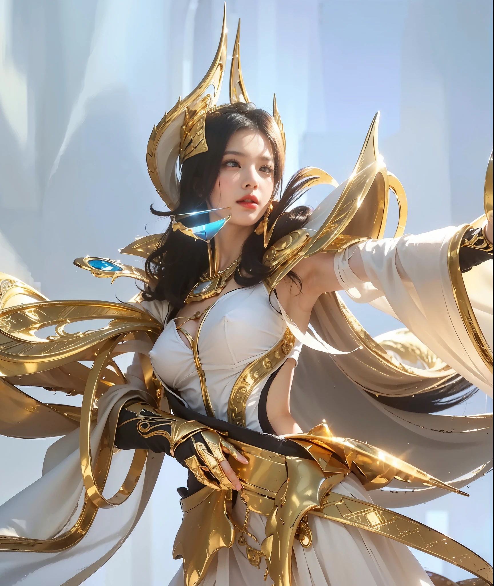 (best quality:1.2, highres, ultra-detailed, realistic:1.37), close up, woman, white dress, black hair, gold jewelry, masked long veil, princess, Egyptian goddess, pink lips, medium breast, holding golden spear, gold gloves, portrait-style, vibrant colors, soft lighting
