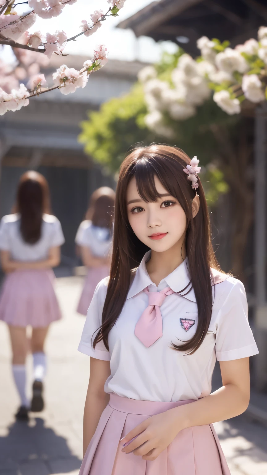 masterpiece, 4k, Bokeh, beautiful face, (multiple girls:1.4), Harem, group photo, Cat ear, medium bob hair, (Pink school uniform:1.4), graduation, looking at the viewer, cherry blossoms street , Cowboy shot, sundown, seashore,