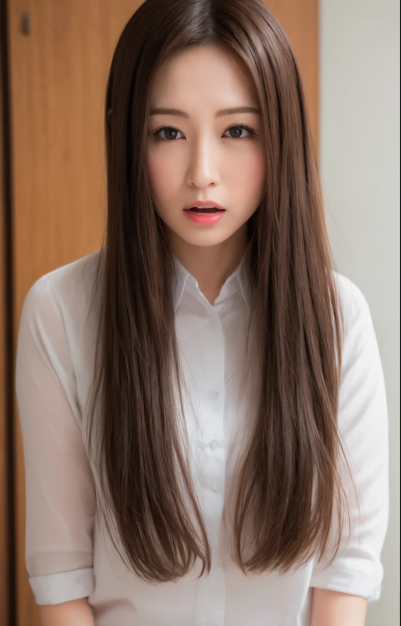 (Best quality, 8k, 32k, Masterpiece, UHD:1.2), from behind, 1 girl, beautiy Japanese office lady, (joy:0.5), (open mouth:1, looking at the viewer), 30 years old, bit chubby, white shirt, black skirt, office room, desk, detailed beautiful face, pony-tail hair, from above,