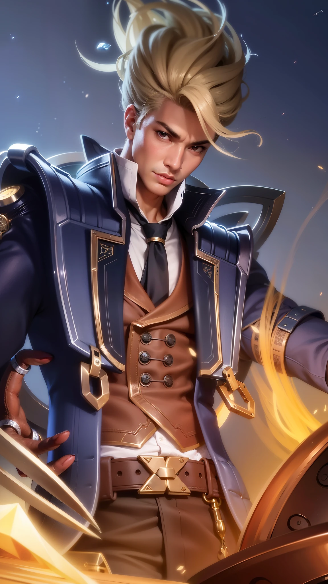 (Intricate Details, Masterpiece, Best Quality, High Resolution, 8k), (1boy), finely detailed eyes and face, toned body, masculine appeal, commanding presence, hot stud, bulging biceps and triceps, well-developed quadriceps and hamstrings, light skin, burgundy straight layered bangs hair, aquamarine eyes,  ornate details,  portrait, solo, half shot, looking down, detailed background, detailed face, (cogpunkai, cogpunk theme:1.1),  tech-mage,   [magic|technology], melding of spellcraft and advanced technology,  intricate [spellcasting clotheechanical gear], gear shaped glyphs,  ancient crystals,  [gears|ancient spell],  floating particles,  [innovative|enchanting] aura, high tech vehicle in background, finely detailed background, Depth of Field, VFX, young man and handsome.