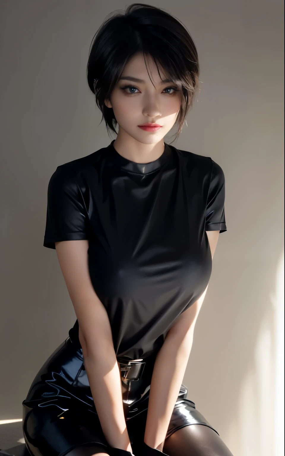(masterpiece), (highest quality), (very detailed), cinematic lighting、(key light:Front diagonal 45 degrees, fill light、Backlight、shadow、blue and orange color palette), accurate human body、detailed person、Correct five-finger
(((oil skin,sparkling skin、realistic skin texture、detailed beautiful skin、shiny skin、shiny skin)))
shiny black pantyhose, skirt, ear,Are standing, platform short boots、oversized black t-shirt、(((big breasts))),(black mask), ((heavy makeup、red eye makeup)),