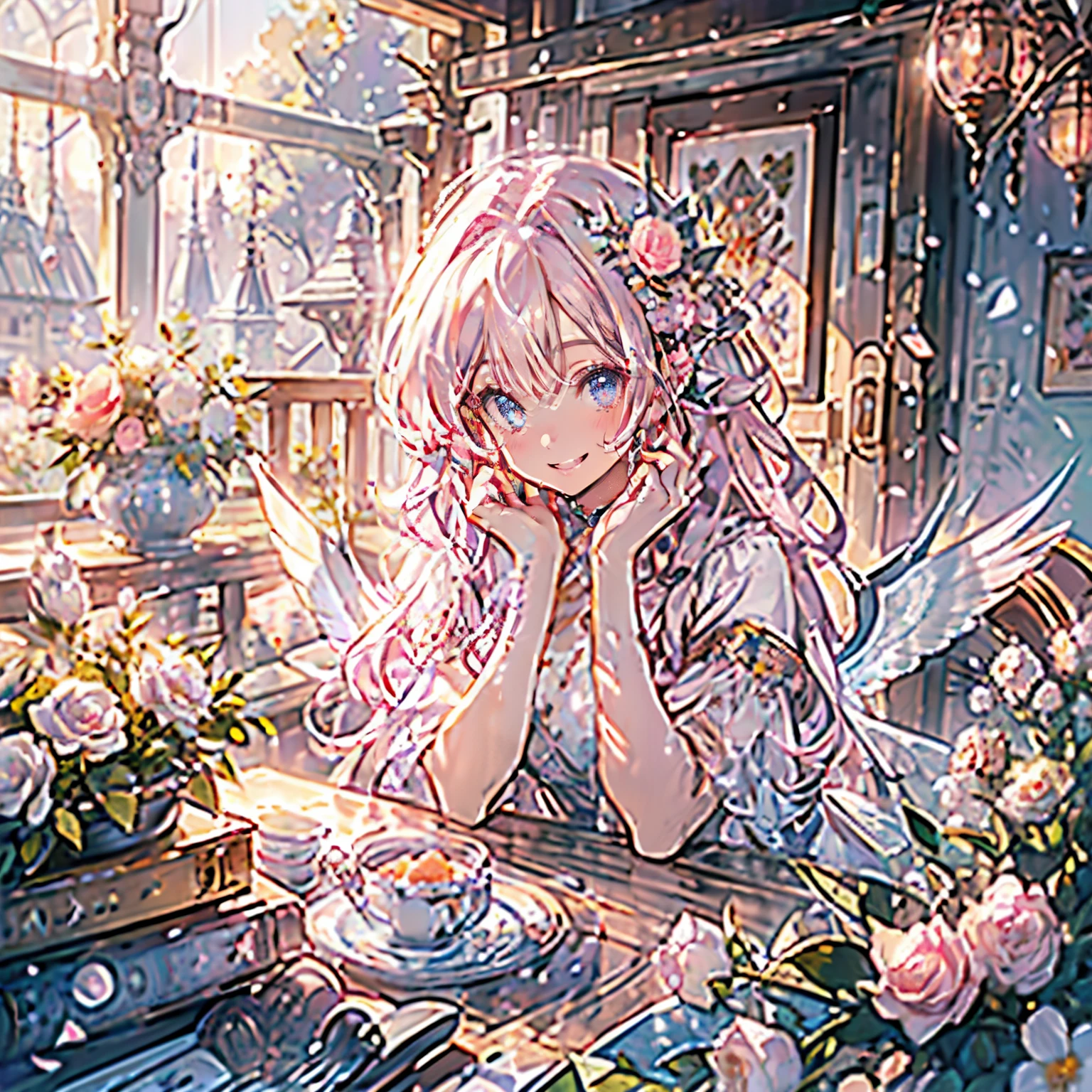 (masterpiece,highest quality, very detailed, beautiful, exquisite, 16k, Full HD), (Asahi,sunlight,sunny,petals dance,flower garden),((smile,Happy:1.5)),get up,((frills, rhinestones and flowers,Sparkling fluffy layered ball gown)), lots of flowers,Floral decoration,((Surrounded by roses)),((giant white fairy wings)),(pink medium hair,hair blowing in the wind, wavy hair,fluffy hair),(white skin,lavender eyes, long eyelashes, Big eyes,pale pink cheeks, pointy ears),dazzling light, warm lighting, (pastel colour,table top, art station, fantasy art:1.2),