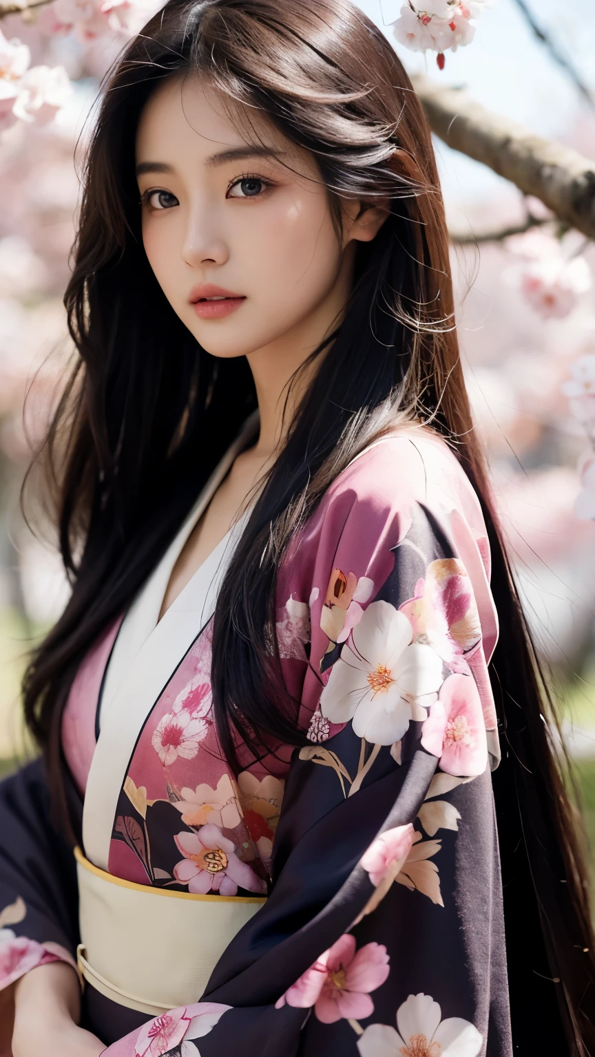 Beautiful Japanese supermodel woman, A lock of hair with slight highlights, black eyes, mixed media, Sexy，Sakura background，Gorgeous kimono , Liquid color flows across her face, backlight