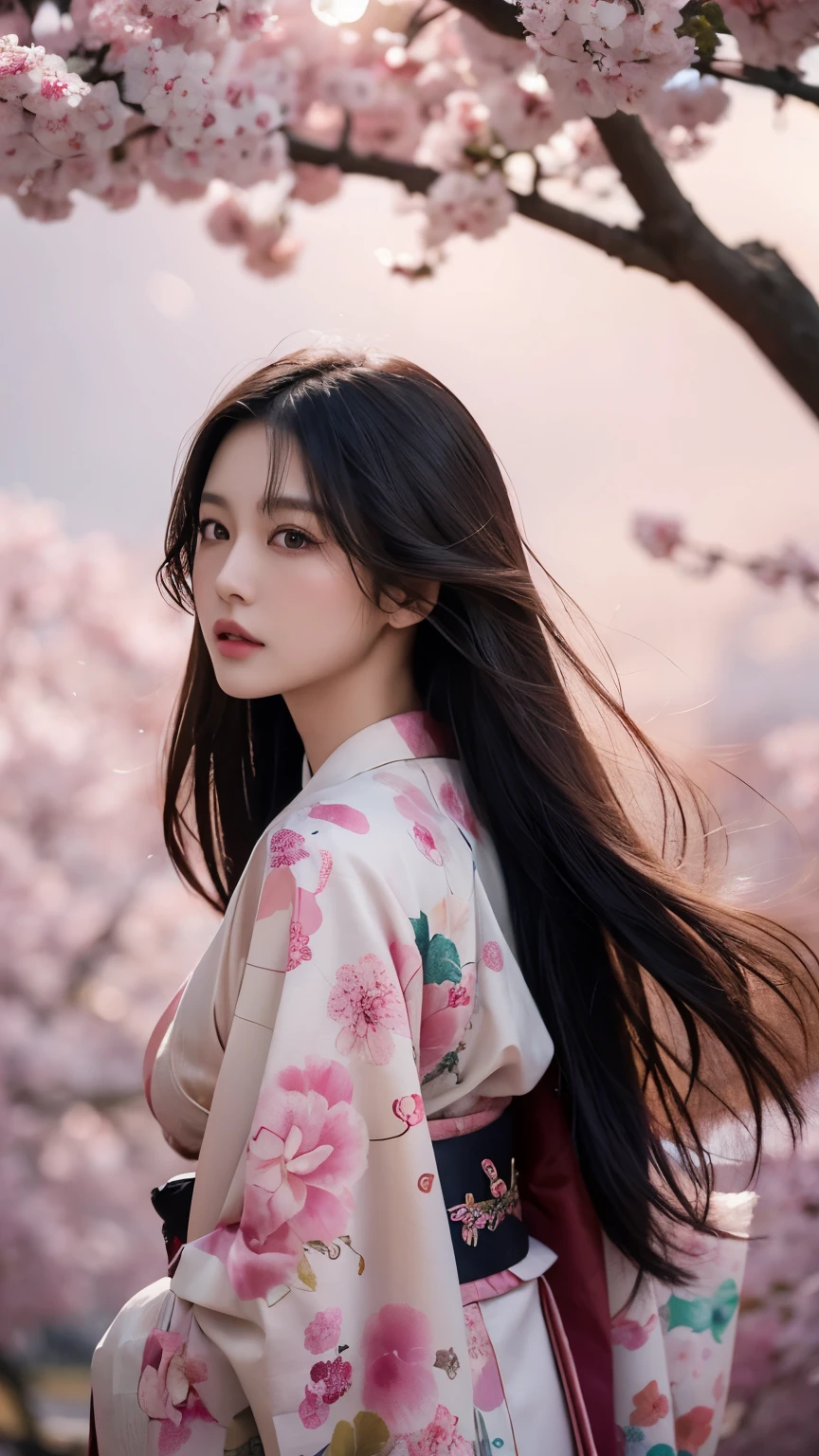 Beautiful Japanese supermodel woman, A lock of hair with slight highlights, black eyes, mixed media, Sexy,Sakura background,Gorgeous kimono , Liquid color flows across her face, backlight