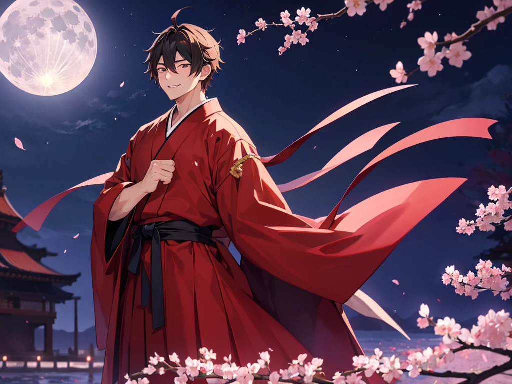 1 boy,20 years old,smile,black Hakama with crest,cherry blossoms,full moon,fantastic,night,masterpiece,best quality,High quality, high resolution,full arms,full hand,5 fingers