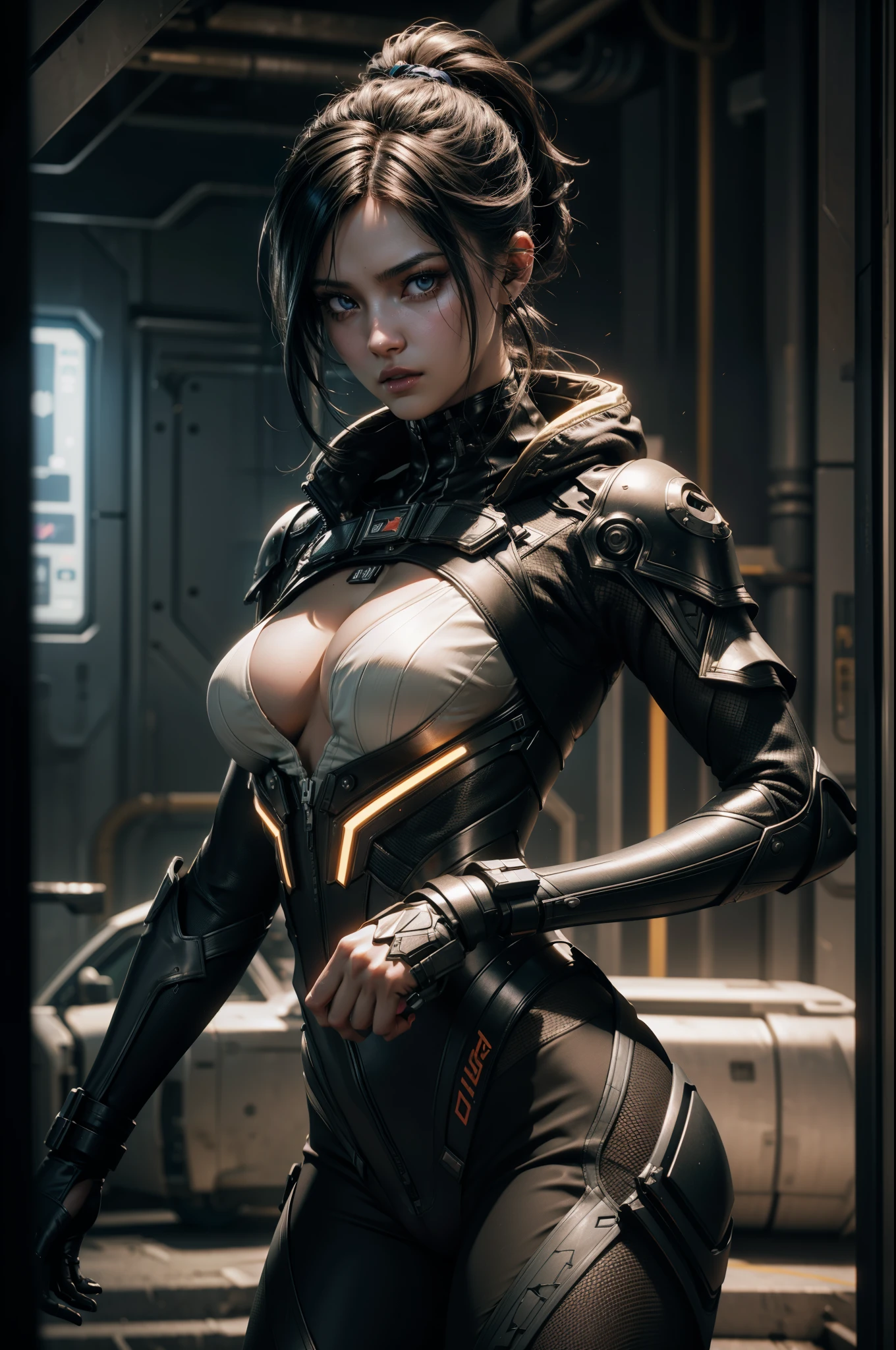 A 3D masterpiece of a beautiful cyberpunk female character, commandingly posed with a determined and seductive expression. Her revealing battledress is meticulously crafted from carbon fiber, with small carbon fiber clothes providing intricate coverage. The image is rendered with NVIDIA RTX technology, utilizing HDR (HighDynamicRange), Ray Tracing, and Hyper-Resolution for maximum definition and sharpness. Unreal Engine 5 powers the scene, employing Subsurface Scattering, PBR Textures, Post-processing, Anisotropy Filtering, and depth of field for accurate simulation of light-material interactions. The character's two-toned appearance is further enhanced by two-
