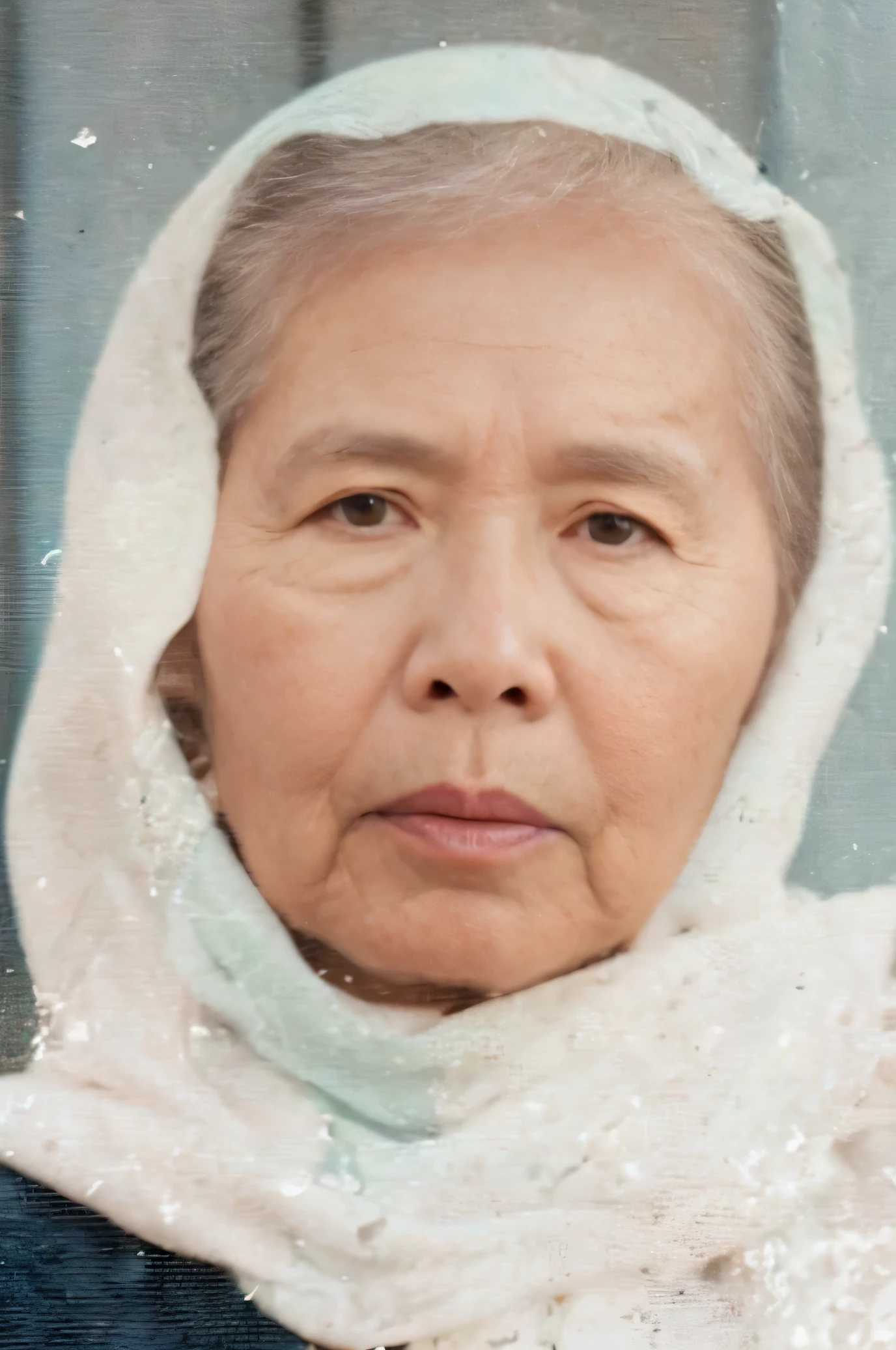 there is a woman with a scarf on her head and a scarf around her neck, inspired by Ruth Jên, vietnamese woman, photo of a woman, close-up portrait film still, asian woman, old woman, grainy photo of an old woman, mai anh tran, asian face, an asian woman, old lady, migrant mother