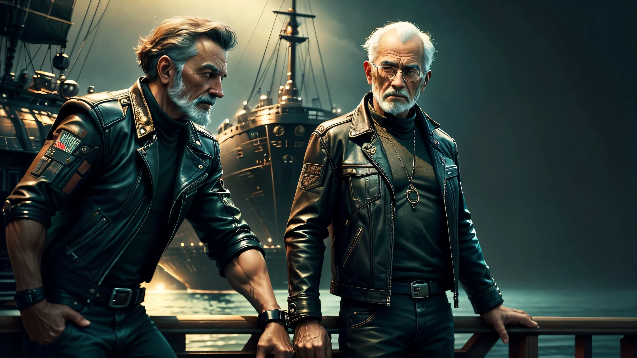 good quality, ultra high resolution,masterpiece, (lifelike)A man in a black leather jacket and an old man in a brown jacket,Stand on the deck of the ship,chat chat
