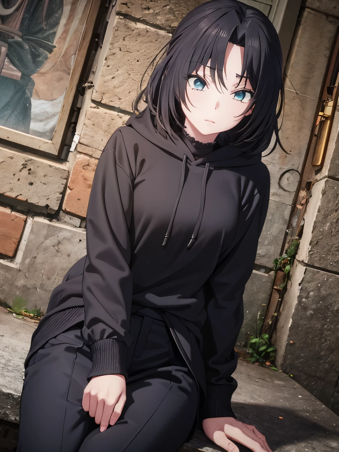 1 girl,black hoodie, Dominique de sade,black trouser,Sitting,hald body photo,ultra detail