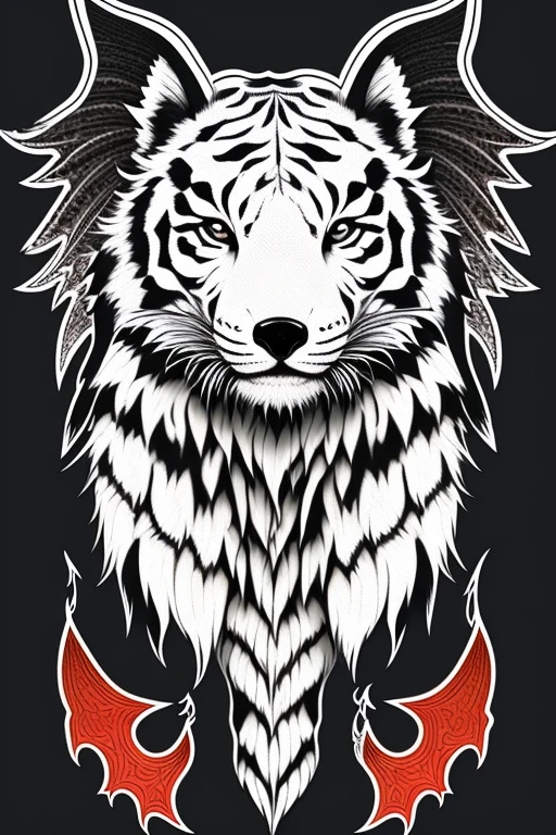 Fox face, white eagle wings, white tiger body, dragon tail