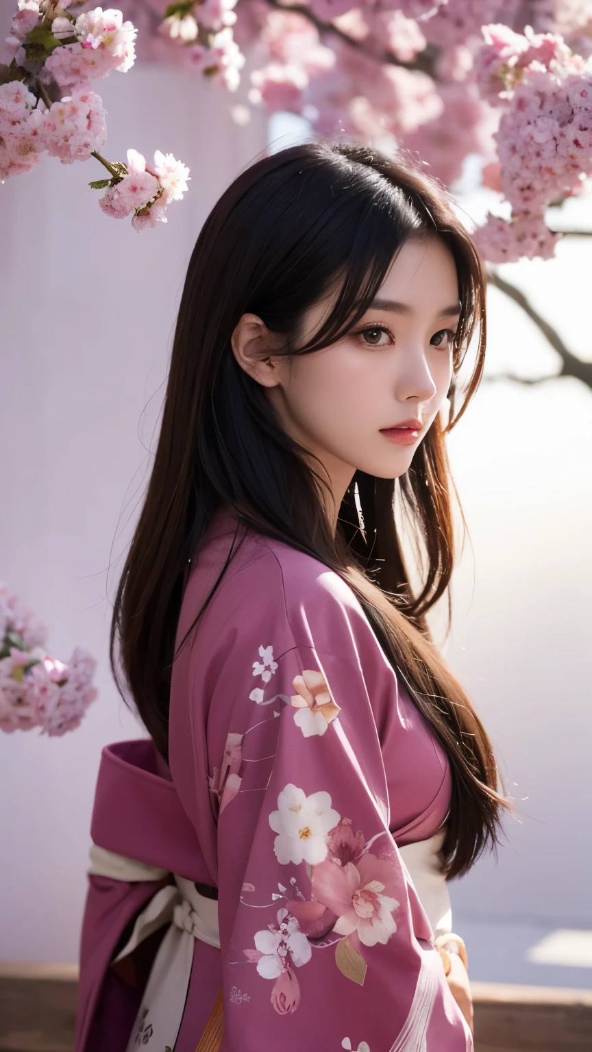 Beautiful Japanese supermodel woman, A lock of hair with slight highlights, black eyes, mixed media, Sexy,Sakura background,Gorgeous kimono , Liquid color flows across her face, backlight