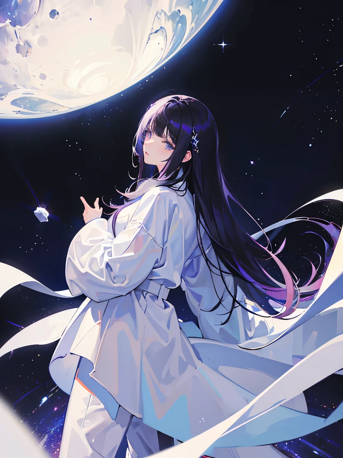 (masterpiece, top quality, best quality, official art, beautiful), Extreme Detail, female, black hair, medium length mix with Galaxies, blue side hair, with bangs, light purple eyes, white shirt, white hoods, white pants, spaces, Galaxies.