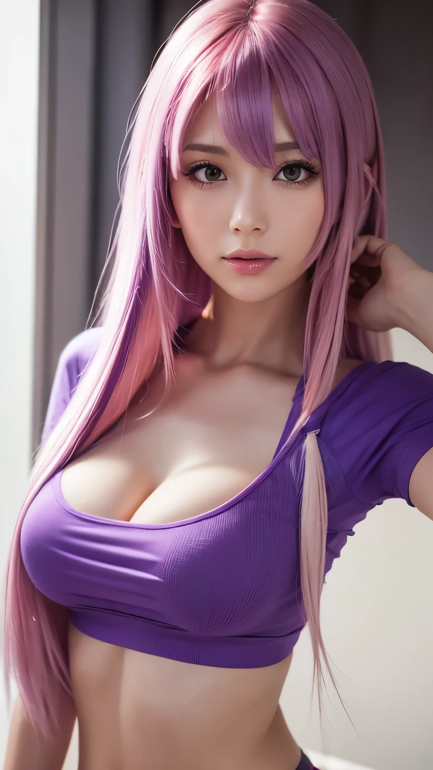 (RAW photo) girl in a sexy t-shirt, I compressed her breasts with Armedium's chest.), cleavage, medium long hair, (pink and purple hair), upper body photo, realistic light, surreal, highest quality, 8k, ((fine hands)), correct anatomy.