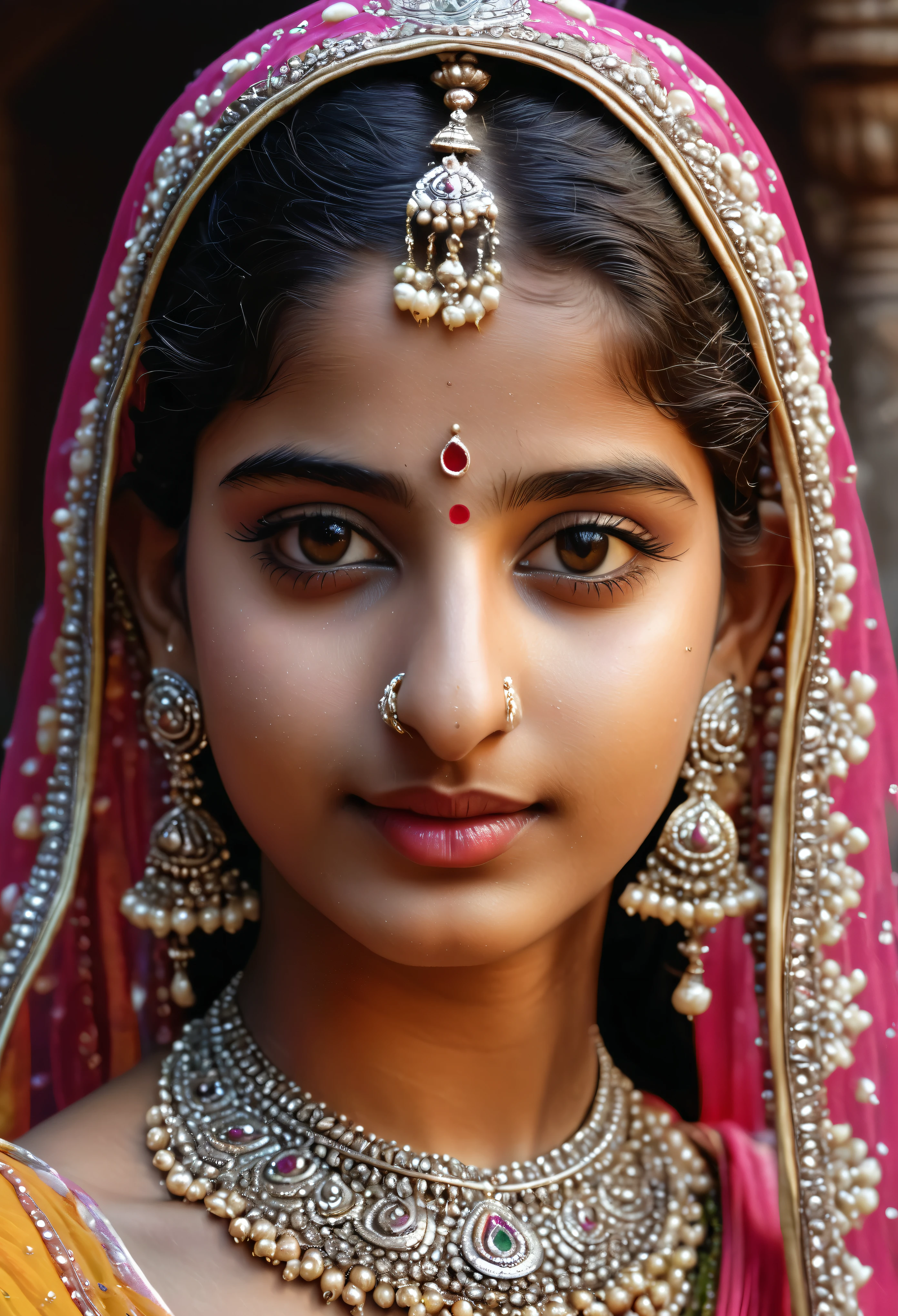 Hyper realistic, ultra detailed, fine grain, sharp focus of teenager, beautiful Radharani, in Vrindavan.
