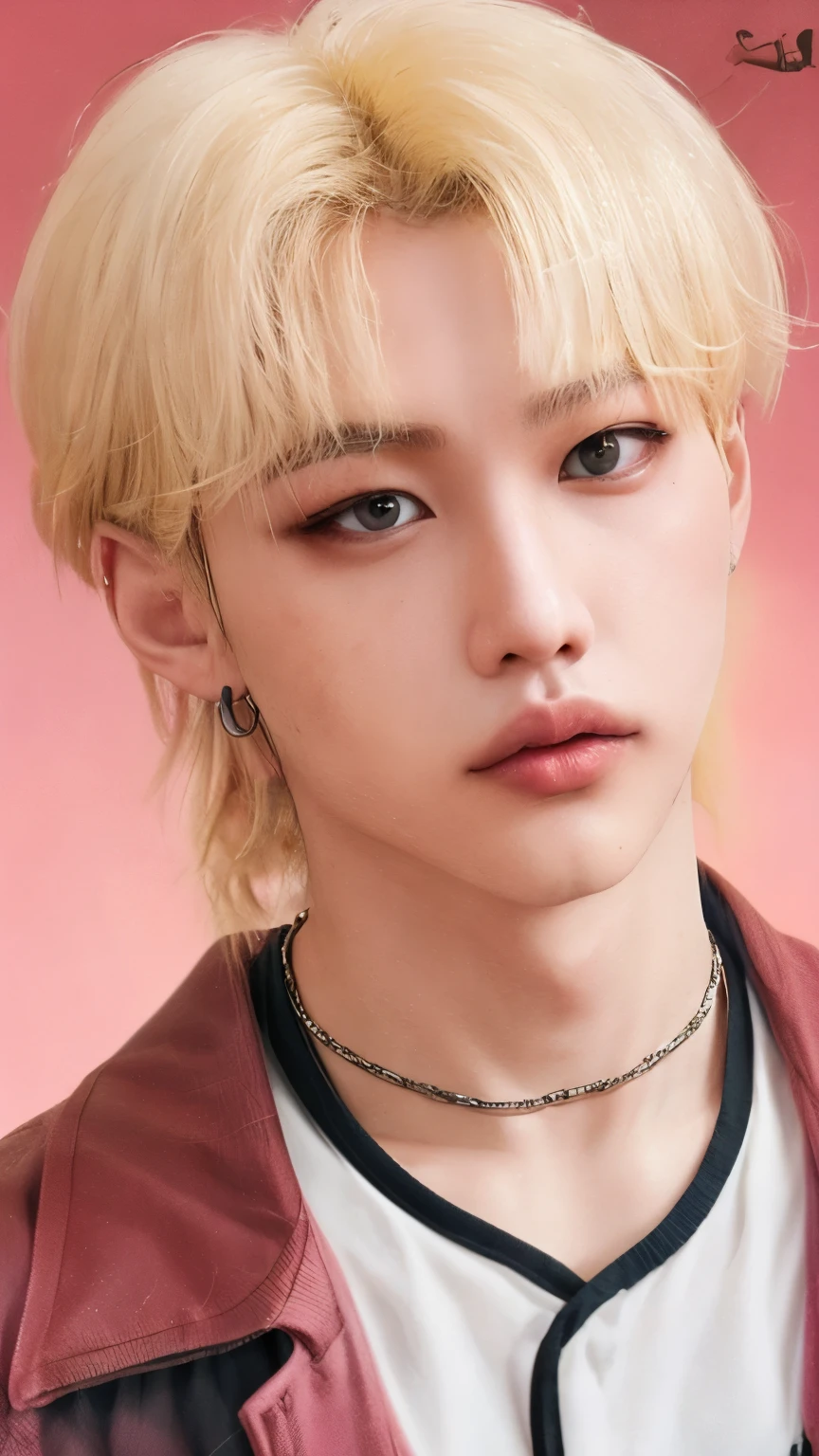 un primer plano de una persona con cabello rubio y una chaqueta rosa, cai xukun, retrato de jossi de blackpink, jinyoung shin, delicate androgynous prince, inspirado en Yanjun Cheng, kim doyoung, Kpop idol portrait, inspirado en jeonseok lee, yanjun chengt, Jung Jaehyun, beautiful androgynous prince, kim taejin