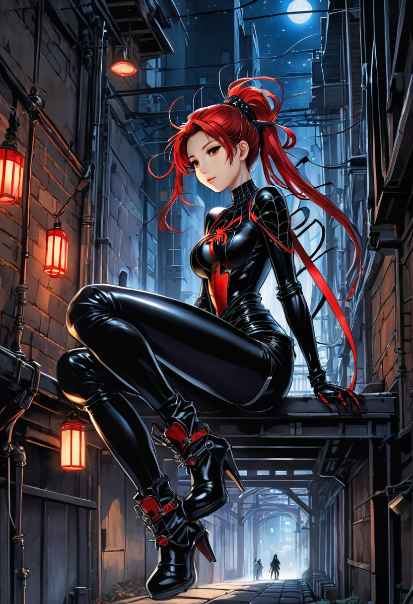 Beautiful ink drawing, top view, Spider Lady. Create an image of a seated person with a mechanical structure similar to a spider. The man is dressed in black clothes and boots, with a ponytail. The structure has multiple articulated legs and appears to be metal with red accents. She is in the middle of a dark alley at night. At the top, garlands stretch from building to building - a breathtaking surreal masterpiece. Art by Ayami Kojima, Hiroaki, aesthetics by Marika Kono, Toru Asakura. manga+ style. Studio Ghibli Genshin Impact