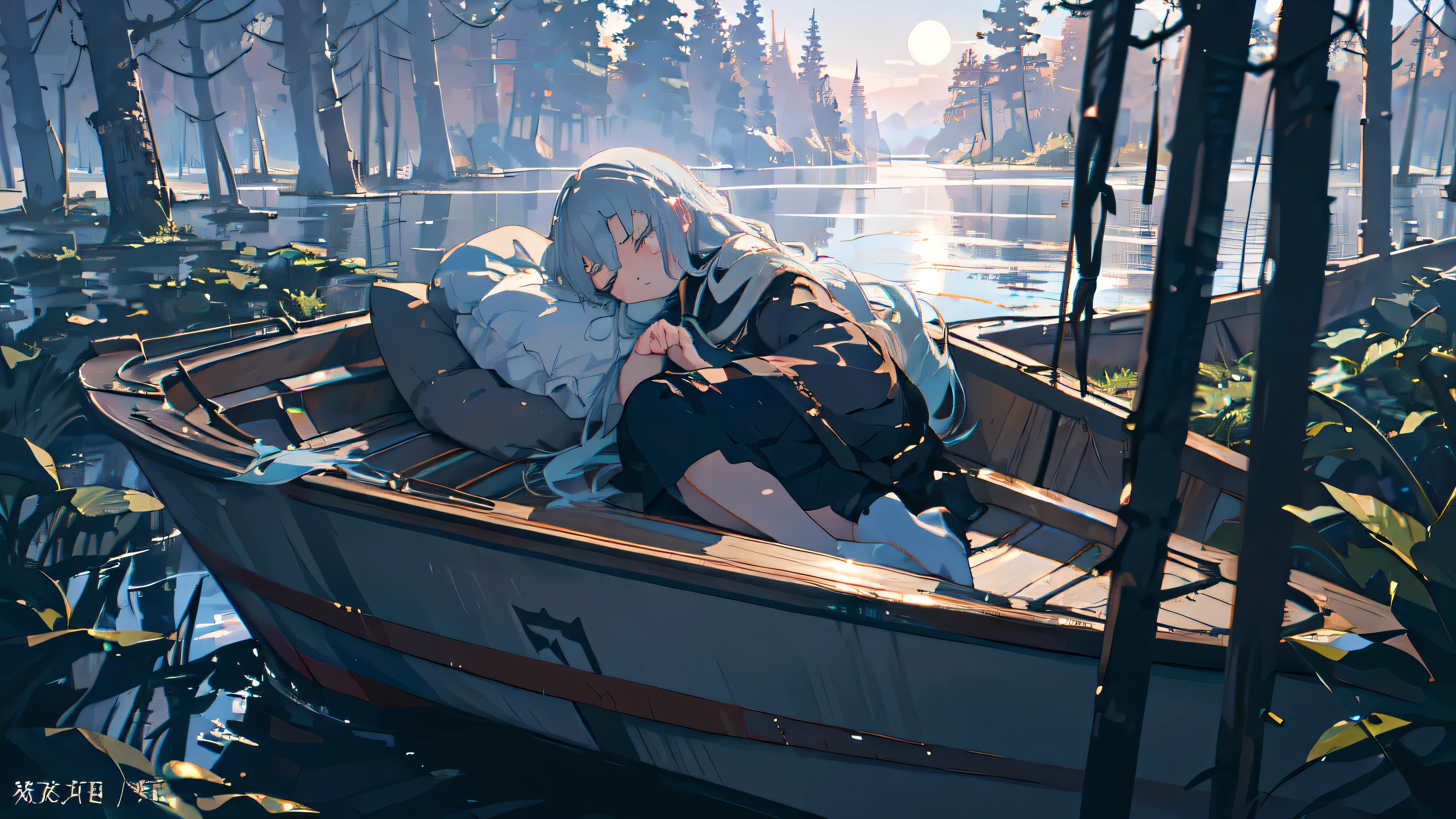 (highest quality,Super detailed,1 girl,sharp focus,perfect face,anime girl,highly detailed face,long gray hair,aquamarine eyes,night,sleep on a boat,daytime,forest,landscape)