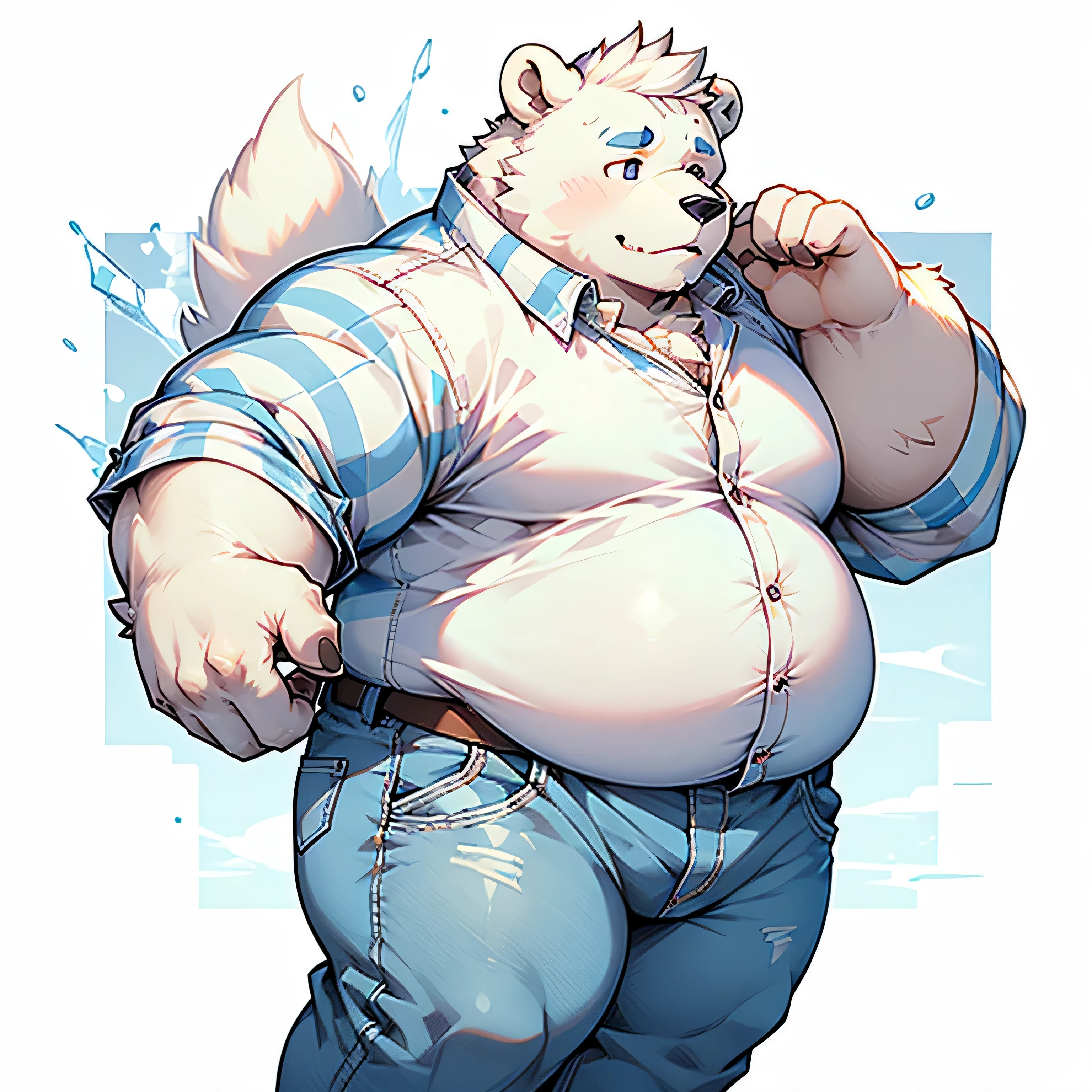 polar bear,luxurious,chubby,Fat,white fur,blue striped long sleeve plaid shirt,Dark blue denim trousers,stand,Hands hang naturally