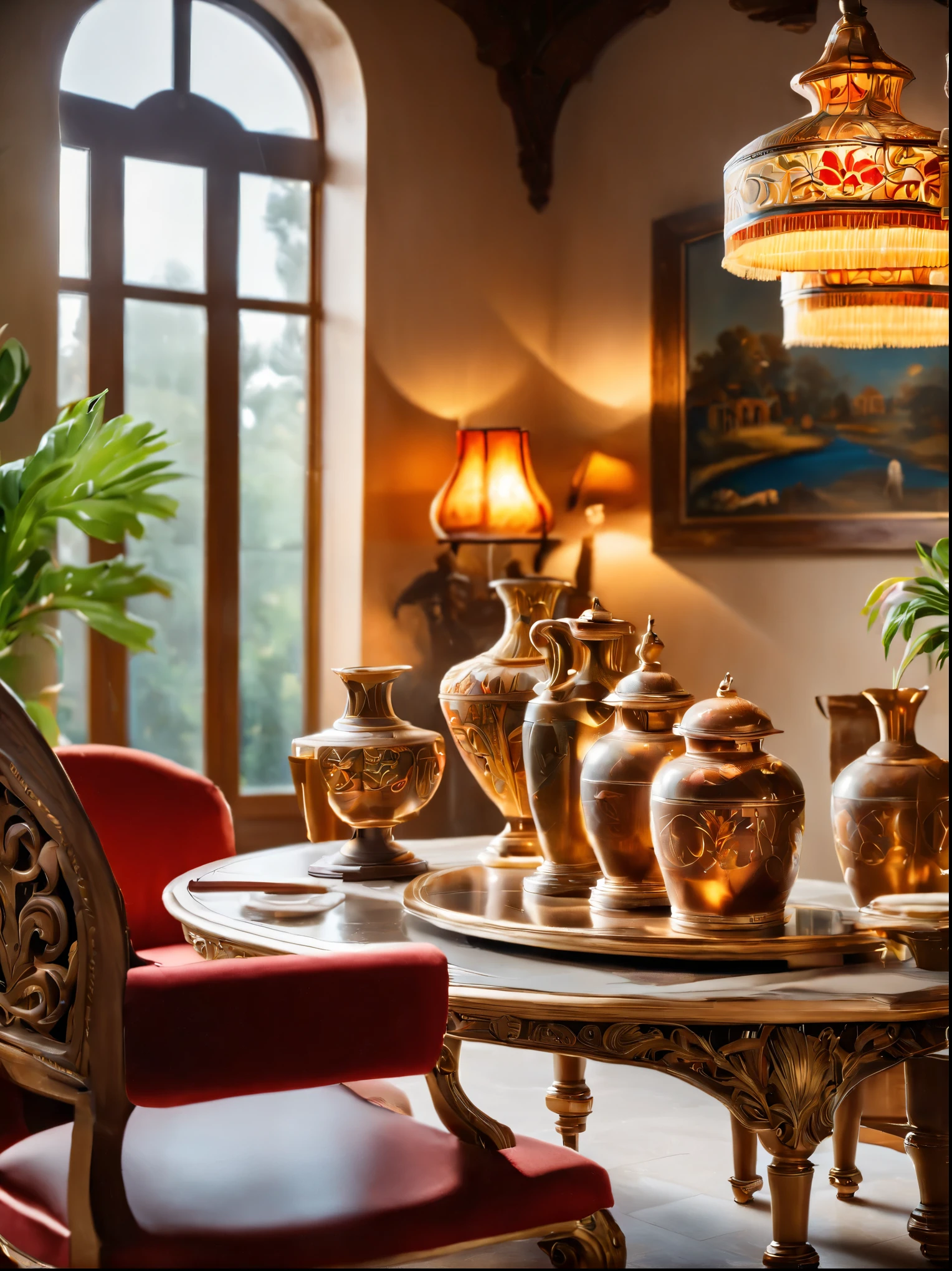 LUXURIOUS LIVING ROOM, DESIGNED VINTAGE ATMOSPHERE, ELEGANT DESIGN HIGHLIGHTING THE HISTORICAL AND CULTURAL AMBIANCE, ADORNING THE WALLS IS A MAGNIFICENT GRAND OIL PAINTING, ANTIQUE VASES AND ARTIFACTS EMBELLISH THE DINING TABLE, (BEST QUALITY, 4K, 8K, HIGH RES, MASTERPIECE:1.2), ULTRA-DETAILED, (REALISTIC, PHOTOREALISTIC, PHOTO-REALISTIC:1.37), ELEGANT DESIGN, VINTAGE VIBE, CULTURAL AMBIANCE, MAGNIFICENT GRAND OIL PAINTING, ANTIQUE VASES, AND ARTIFACTS
