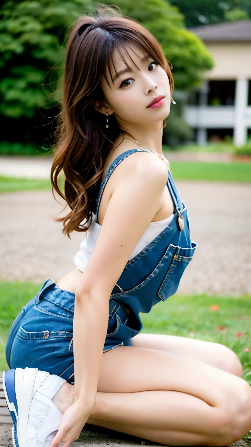 (((perfect anatomy))),On a sunny day, have a charcoal barbecue with like-minded friends on a wide and beautiful riverbank.,A 20-year-old idol waiting for chopsticks and plates that look great with her necklace and earrings.,Casual style with T-shirt, overalls and sneakers,(((It's cute how she raises one leg and turns around))),The aroma of delicious-looking skewered meat on the iron plate is irresistible.,best image quality,professional angle of view,excellent details,ultra high resolution,realistic:1.4),high detail,focus on details,High concentration of 1girls,beautiful chestnut hair,Beautiful face with a delicate and high nose,Long limbs and slim waist like a model,White sneakers look great on your beautiful ankles,white skin is dazzling,