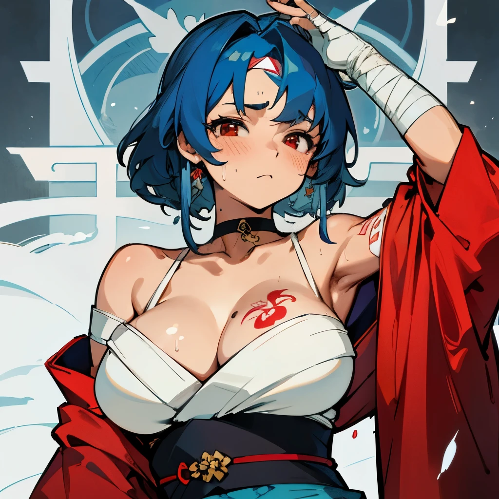 Blue hair, long bangs, brown skin. Curvy, kimono, off shoulder, armpits, sweaty. Red eyes, bandages, tattoo. Choker. Sweat. White substance on face, 