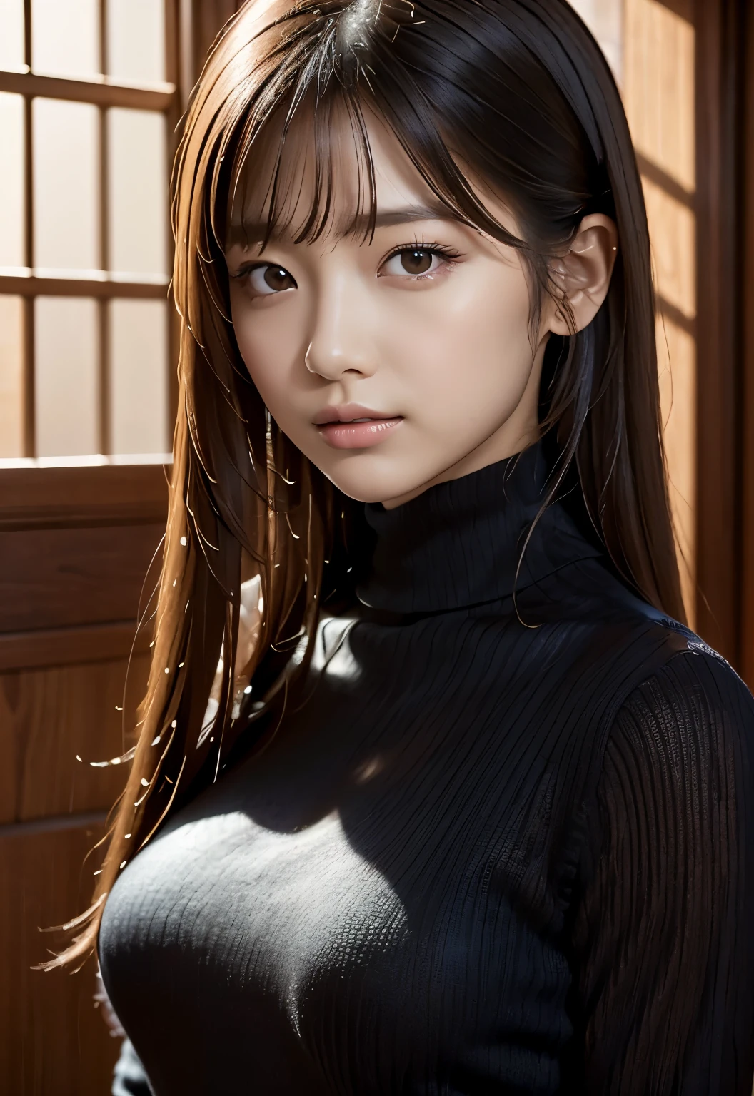 (((luxury:1.3, indoor, Photographed from the front))), ((long hair:1.3, Black turtleneck knit, japanese woman, cute)), (clean, natural makeup), (highest quality, masterpiece:1.3, 超High resolution), (Super detailed, caustics), (realistic:1.4, RAW shooting), very detailed, High resolution, 16K resolution