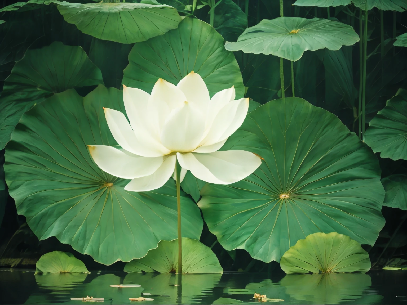 (Best quality, high resolution), minimalist photography, lotus flowers, serene landscape, natural beauty, vibrant colors, floating petals, Adams photographer style, calm water reflection, elegant simplicity, lush greenery, Serene atmosphere, masterpiece: 1.2