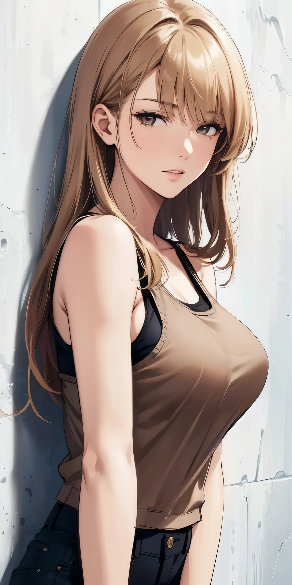 (best quality, highres), portrait, upper body, cool type adult woman, long hair, swept-side bangs, [[[brown hair]]], blonde hair, brown eyes, tank top, plain wall, ultra detailed cg