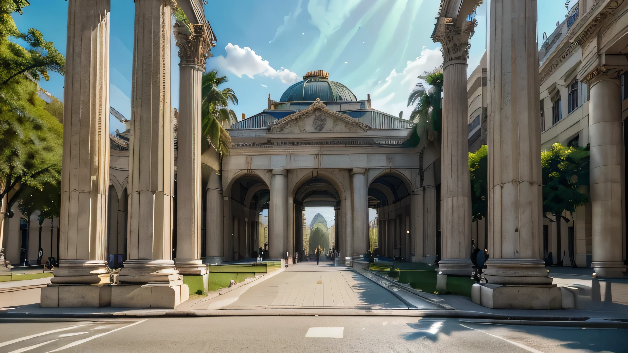 photorealistic image of a large and imposing Government administration building with columns, (Best quality,4k,8K,A high resolution,Masterpiece:1.2), ultra detailed, HDR, Studio lighting, very detailed description, professional, Bright colors, sharp focus, physically based rendering, architecture, Government, majestic, monumental, grandeur, towering, neoclassical, symmetric, regal, impressive, classic elements, Marble columns, Ornate design, Iconic Landmark, Perfect condition, shiny facade, noisy environment, blue skies, Lush landscaping, flurry of activity, busy pedestrians, Timeless elegance