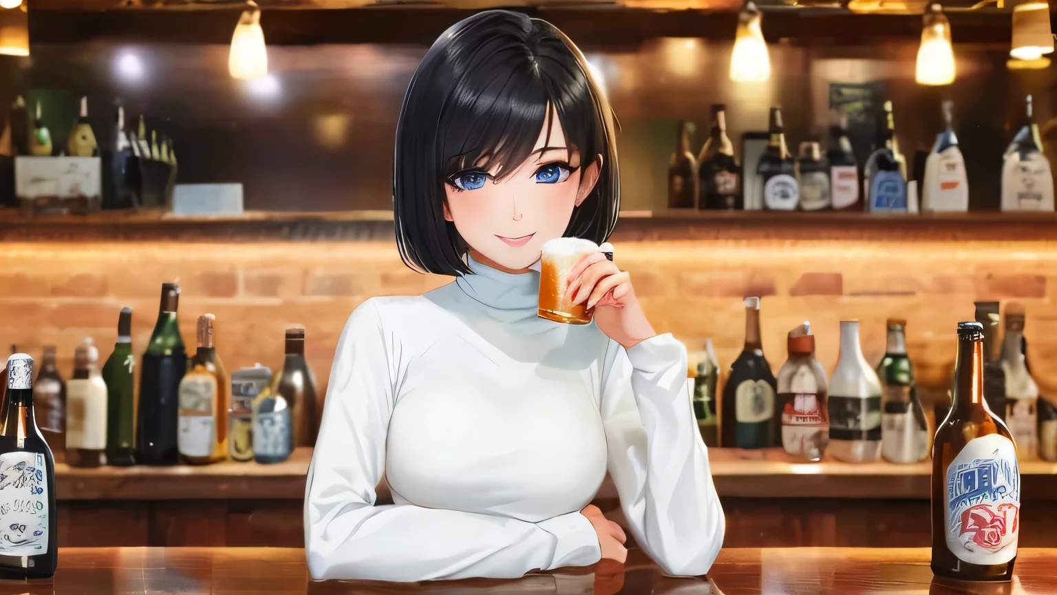 1 female、28 years old、美New髪, black hair、shortcut、bob cut、Rin々New、slanted eyes、eyeliner is clear、light blue eyes、long face、big smile、bright red face、small bust、white long sleeve turtleneck、drink beer at the pub