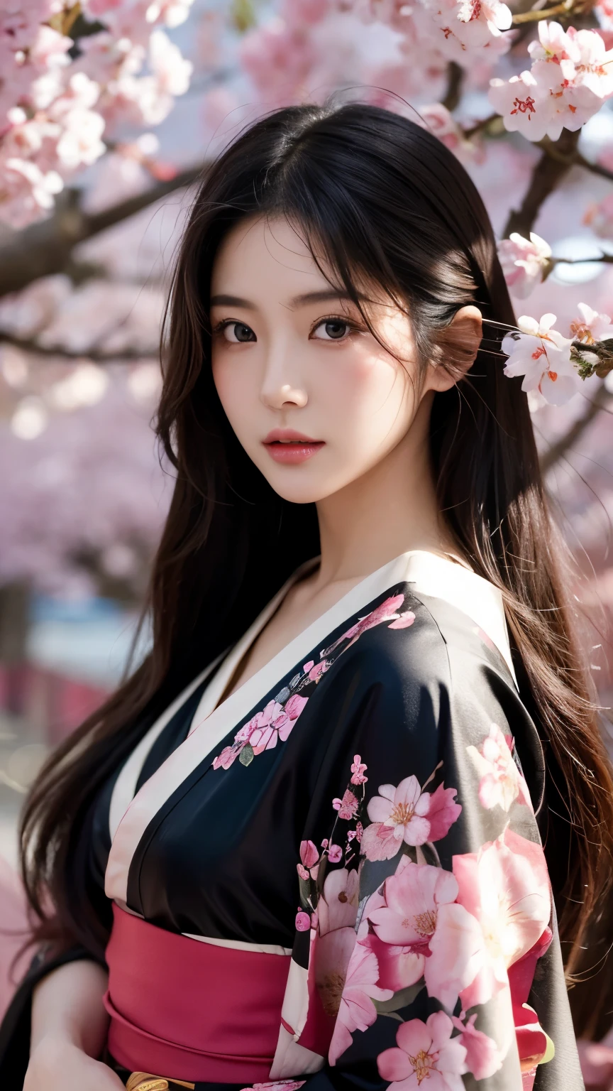 Beautiful Japanese supermodel woman, A lock of hair with slight highlights, black eyes, mixed media, Sexy,Sakura background,Gorgeous kimono , Liquid color flows across her face, backlight