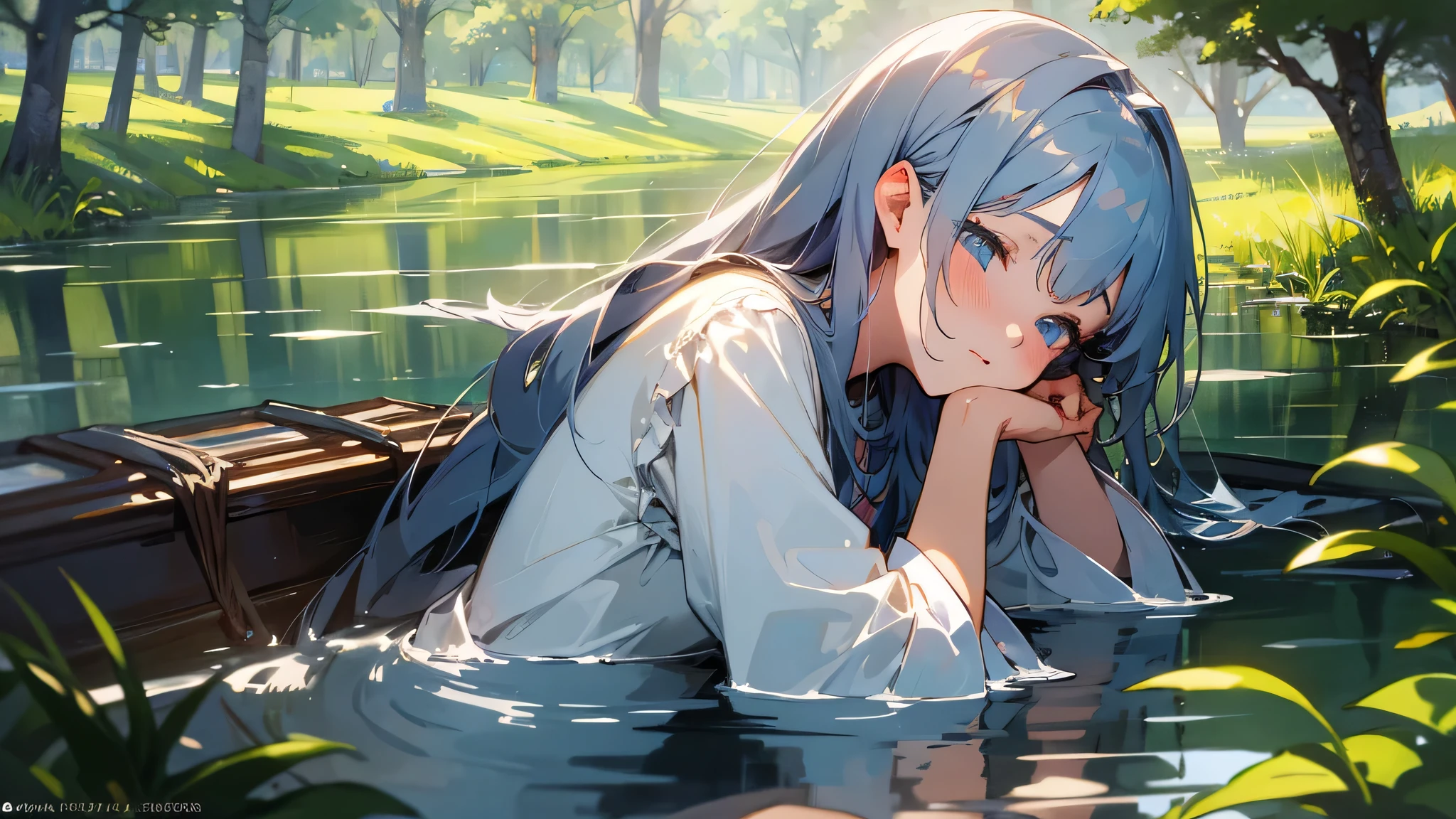 (highest quality,8k,32K,masterpiece:1.2),Impressionism,realistic:1.2,Medieval,1 girl,concentrated,perfect face,anime girl,highly detailed face,long gray hair,aquamarine eyes,night,sleep on the boat,daytime,forest,landscape