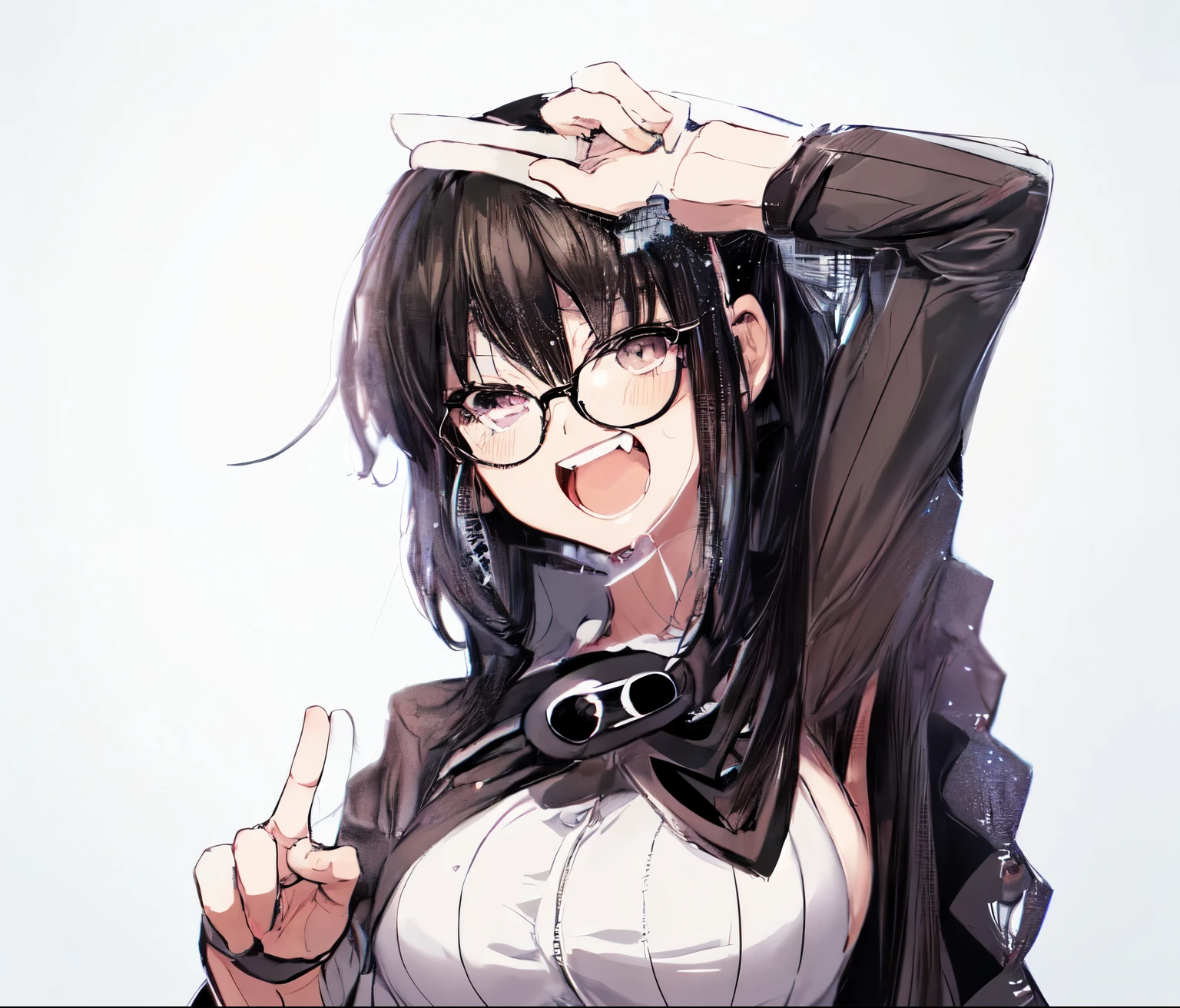 anime girl with glasses and a black and with index finger, black and hinata hyuga, akane owari danganronpa, anime moe artstyle, in manga style, junko enoshima, chiaki nanami from danganronpa, heavy gesture style closeup, rumiko, noire