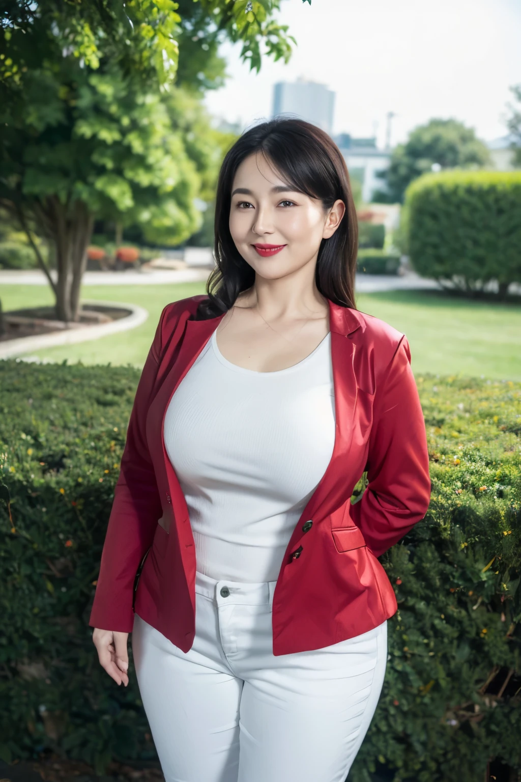((top quality、8k、masterpiece:1.3))、sharp focus, High level of image quality, high resolution,,Red crew neck shirt,white blazer,black jeans,37-year-old woman with long wavy hair,Mature,charming smile,Draw lips correctly, red lipstick,stand,Chubby body,Big breasts,garden background,full-body shot