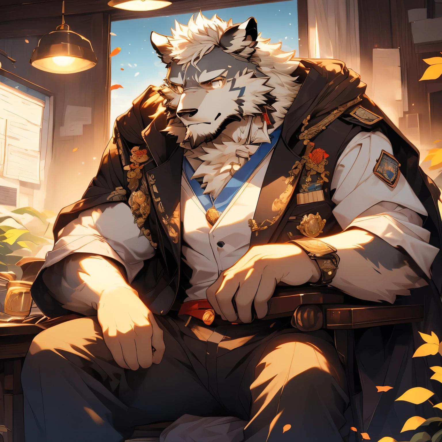((hairy)),Wolf,white hair,Golden Eyes Military Doctor,white coat clothes,Hold the first aid kit,((humorous expression)),starry sky,green plants,bright moon,Xiangyun,sitting in office,fallen leaves,flower,face close-up,for the audience,HD quality,16k,Detailed character description,Detailed description of the character,