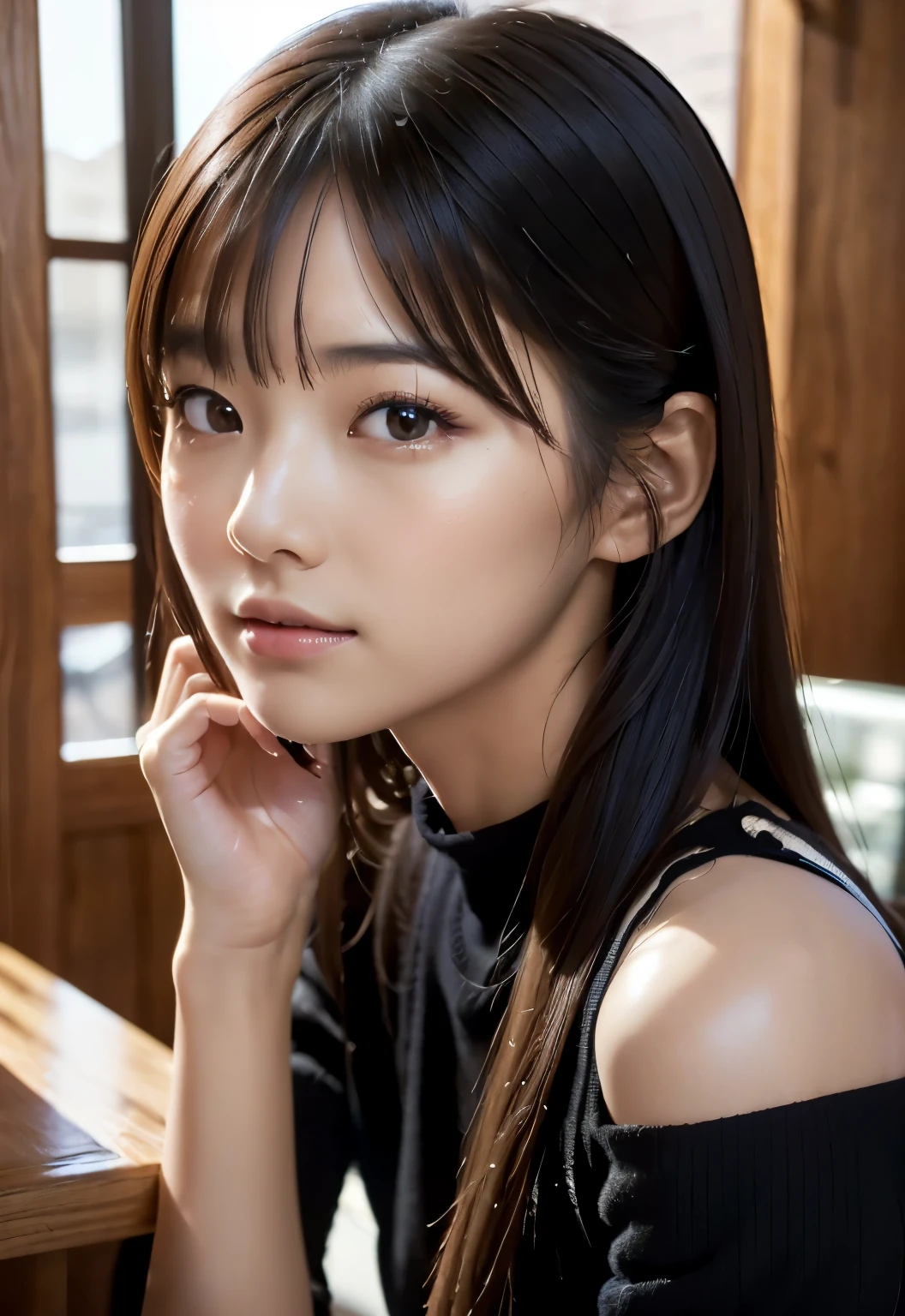 (((Cafe:1.3, indoor, Photographed from the front))), ((long hair:1.3, black knit, japanese woman, cute)), (clean, natural makeup), (highest quality, masterpiece:1.3, 超High resolution), (Super detailed, caustics), (realistic:1.4, RAW shooting), very detailed, High resolution, 16K resolution