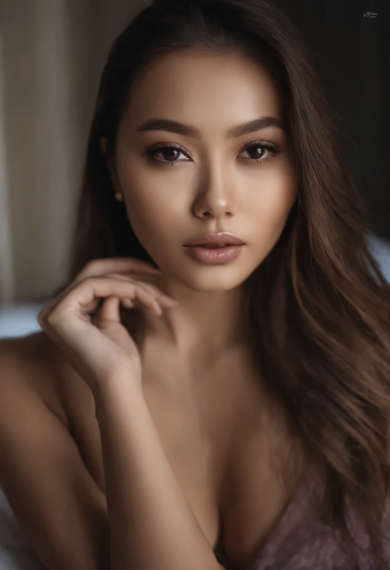 Asian woman completely , fille sexy aux yeux bruns, ultra realist, Meticulously detailed, Portrait Sophie Mudd, cheveux bruns, selfie of a young woman, Dubai Eyes, Violet Myers, sans maquillage, maquillage naturel, looking straight at camera, Visage avec Artgram, Maquillage subtil, Great photo of the whole body kneeling on the bed, dans la chambre, Medium to large bust