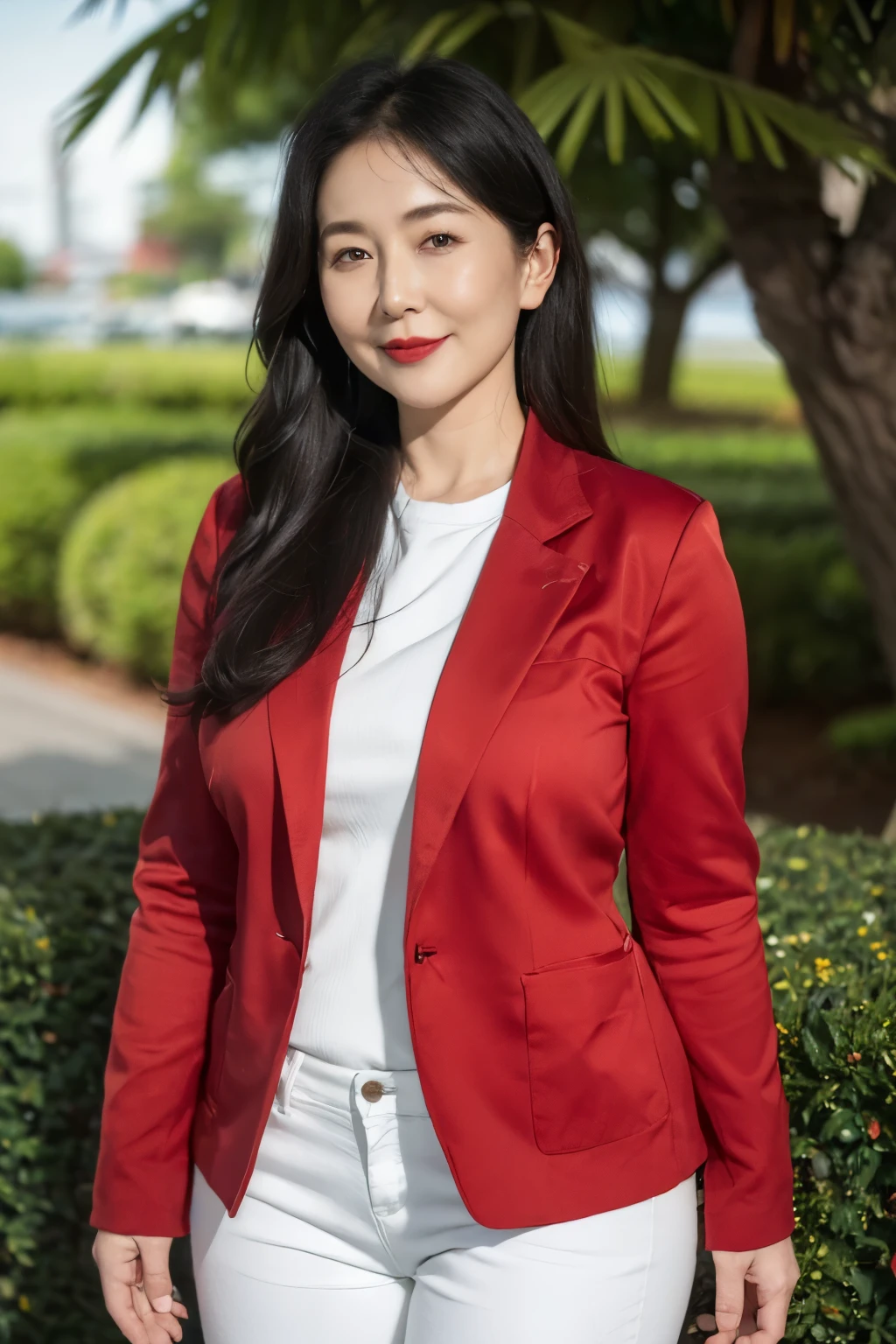 ((top quality、8k、masterpiece:1.3))、sharp focus, High level of image quality, high resolution,,Red crew neck shirt,white blazer,black jeans,37-year-old woman with long wavy hair,Mature,charming smile,Draw lips correctly, red lipstick,stand,Chubby body,Big breasts,garden background,full-body shot
