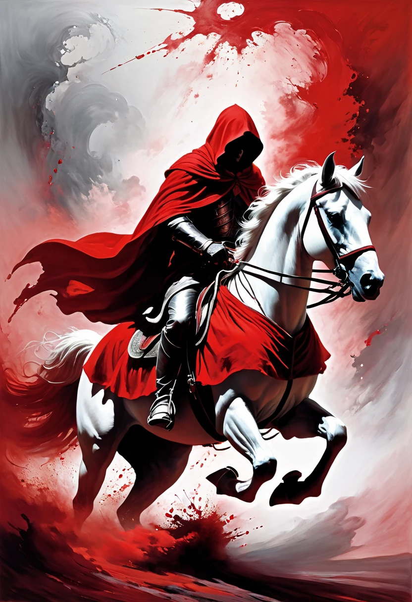 The image depicts a striking and dramatic scene of what appears to be a hooded, cloaked figure riding a powerful white horse through a haze of blood-red splashes and abstract brushstrokes. The cloaked rider's face is obscured, lending an air of mystery and perhaps menace. The horse is captured in great detail, its muscles tensed as if in motion. The vivid use of red and white creates a stark contrast evoking violence or conflict. Without providing any explicit interpretation, I suggest a prompt that captures the intensity and symbolic nature of this haunting, visceral composition could be: "A shrouded rider atop a noble steed charges through a crimson mist amid the chaos of battle."