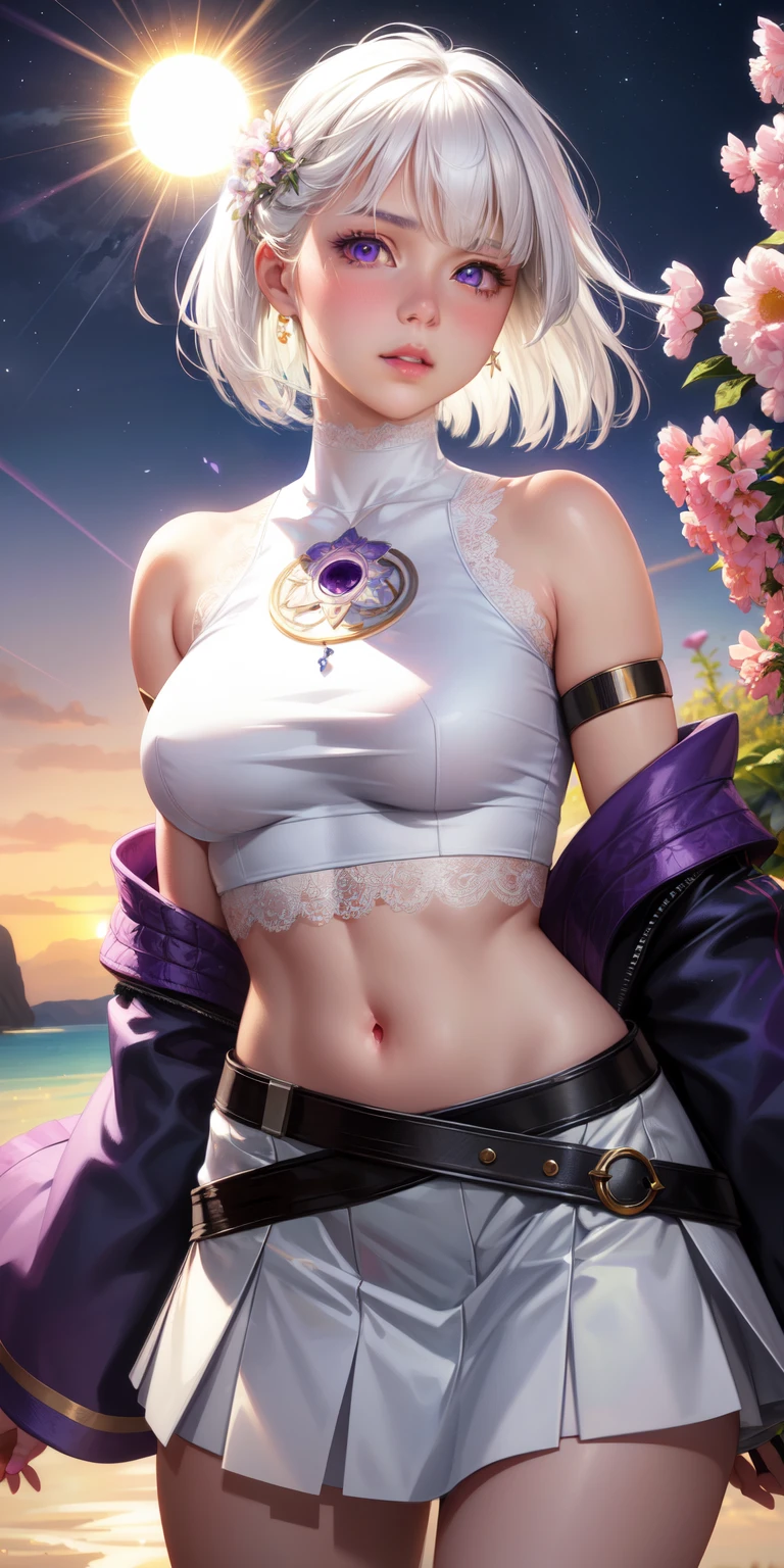 realistic, 1girl, white hair, purple eyes, glowing eyes, crop top, skirt, parted lips, blush, night, flowers, sun, sunlight, naked