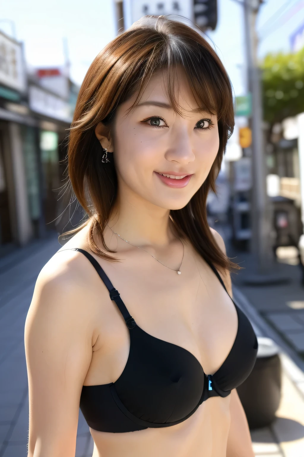 NSFW:1.3:((highest quality、8K resolution、master masterpiece、portrait:1.3)), Photoreal, 35mm film, mature woman:1.5,daytime, wrinkles around the eyes,wrinkles around the mouth,bangs、((fancy black bra_panties:1.3)) , (outdoors_city street: 1.3), jumbled background,look at the audience,(Tokyo cityscape:1.3), whole body,