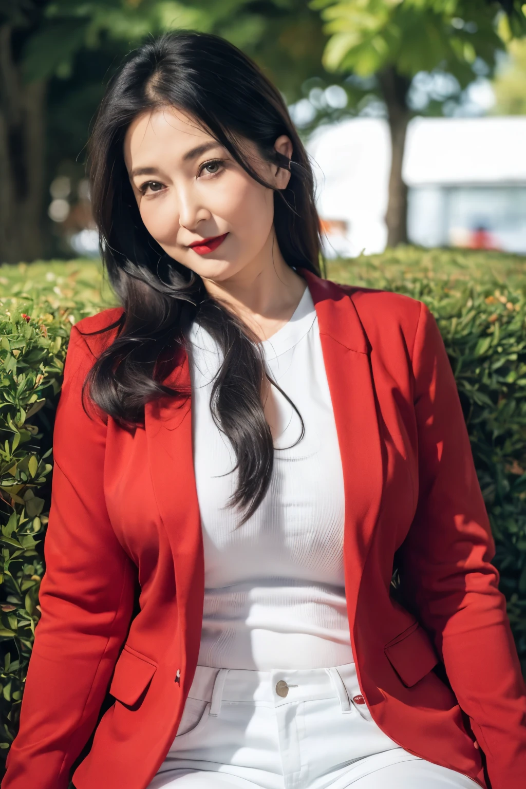 ((top quality、8k、masterpiece:1.3))、sharp focus, High level of image quality, high resolution，,Red crew neck shirt，white blazer，black jeans，37-year-old woman with long wavy hair，Mature，charming smile，Draw lips correctly, red lipstick，stand，Chubby body，Big breasts，big breasts，garden background，full-body shot