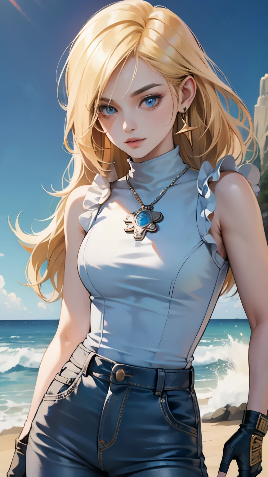 Steppiece, Best Quality, Ultra-detailed, Absurd, Portrait of cute android18DB, Realistic face, Solo, earrings, Jewelry, jeans, brave, eyeshadows closed, Belt bag, vests, Pants, plein air, the beach, gloves, Necklace, jeans, Rock, Standing, fighting position, Volumetric lighting, Best Quality, masutepiece, Intricate details, tonemapping, Sharp Focus, Hyper Detailed Sexy swimming costume