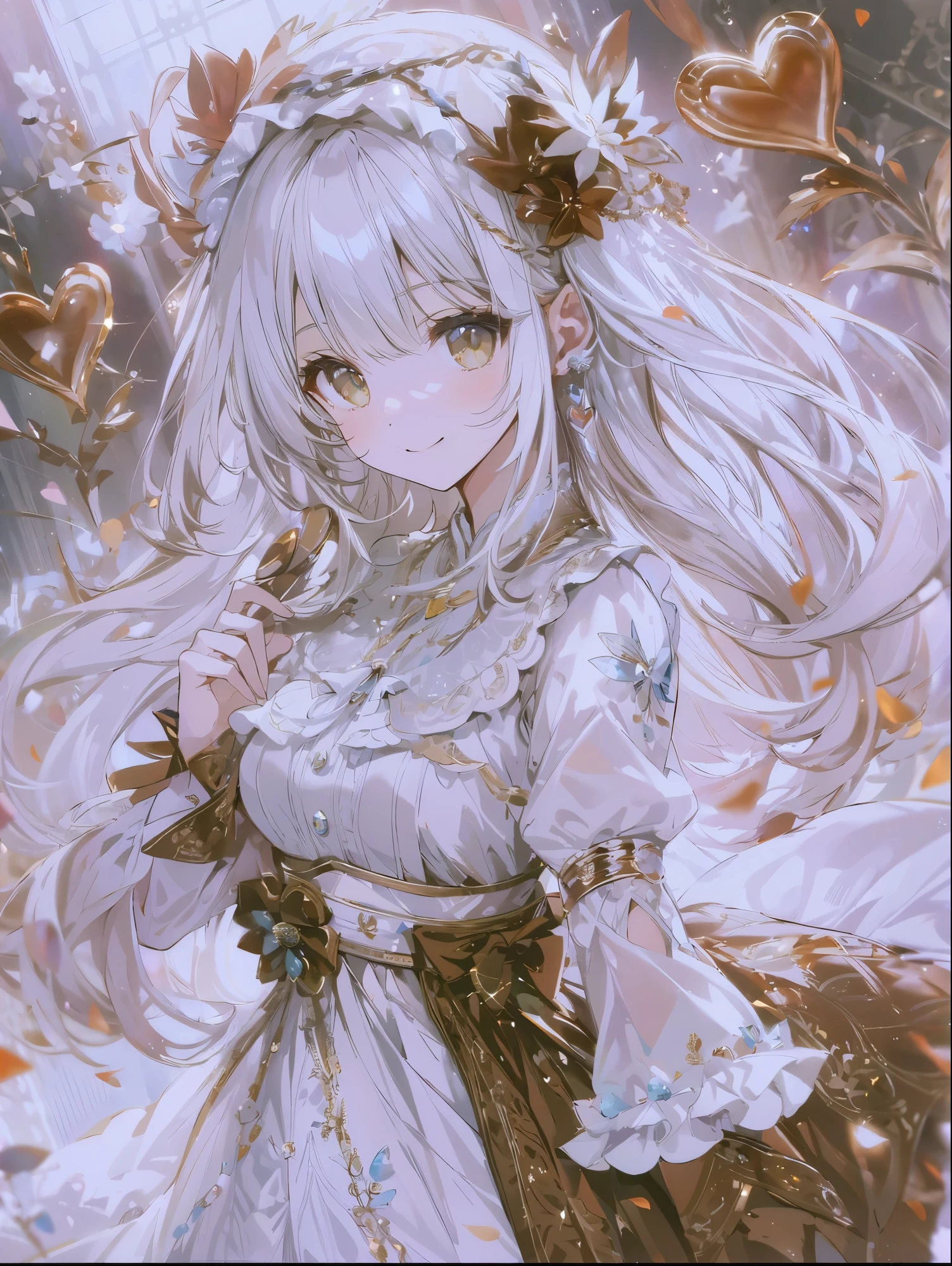 8K resolution, ((highest quality)), ((masterpiece)), ((super detailed)), (very delicate and beautiful), with a girl, solo, cute, gentle expression, bright smile, bright white hair, long hair, light brown eyes, Shining eyes, beautiful eyes, Amazing eyes, Brown hair ribbon, white dress, brown skirt, chocolate, ホワイトchocolate, Valentine, bright atmosphere, nice atmosphere, Depth of the bounds written, beautiful background, whole body