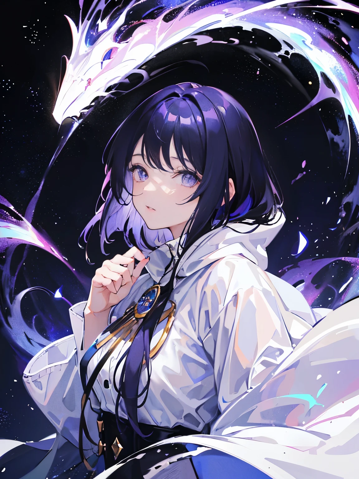 (masterpiece, top quality, best quality, official art, beautiful), Extreme Detail, female, black hair, medium length mix with Galaxies, blue side hair, with bangs, light purple eyes, white shirt, white hoods, white pants, spaces, Galaxies.
